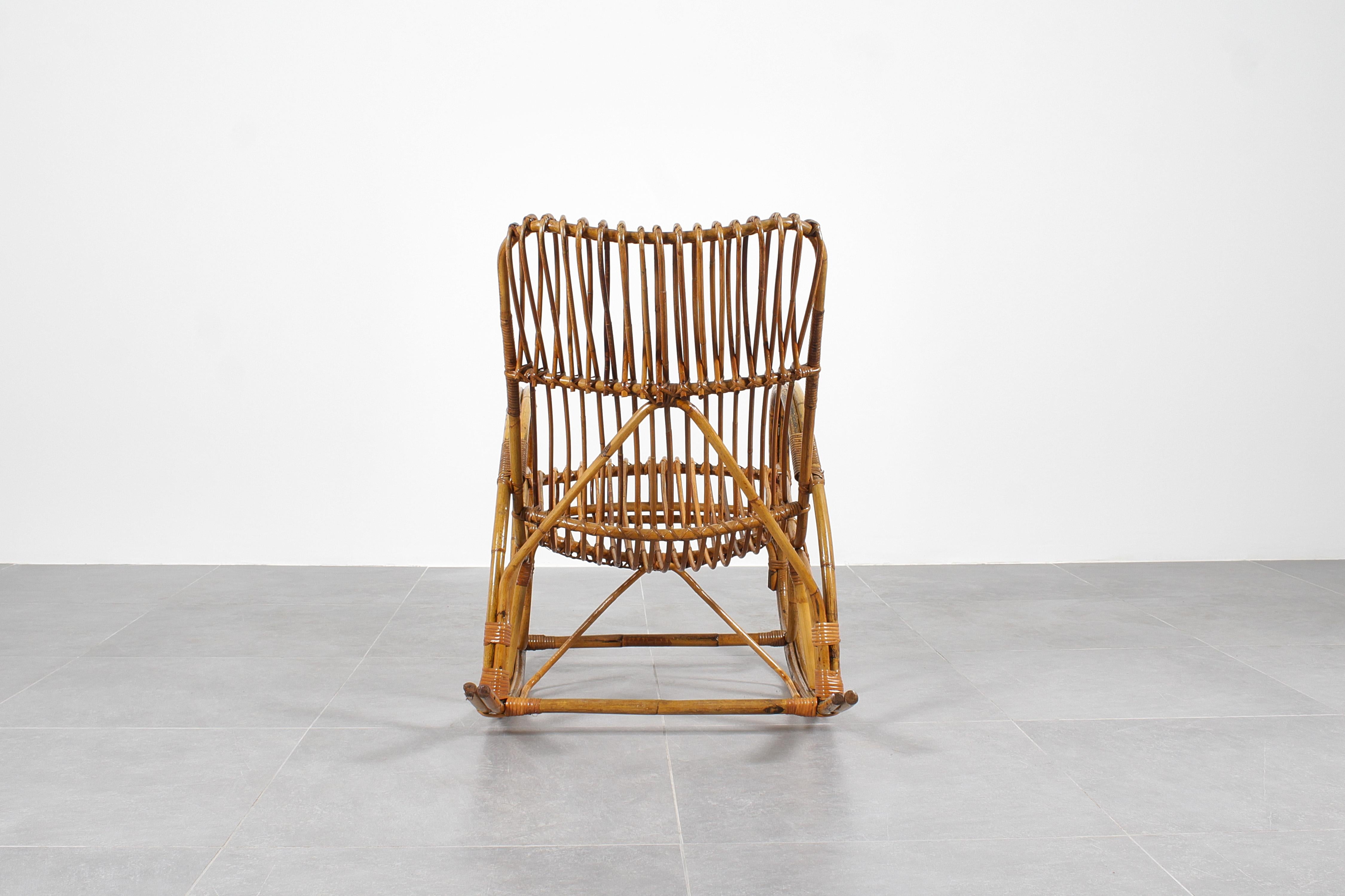 Mid-20th Century Mid-Century Bamboo and Rattan Rocking Chair Franco Albini style, Italy 60s For Sale