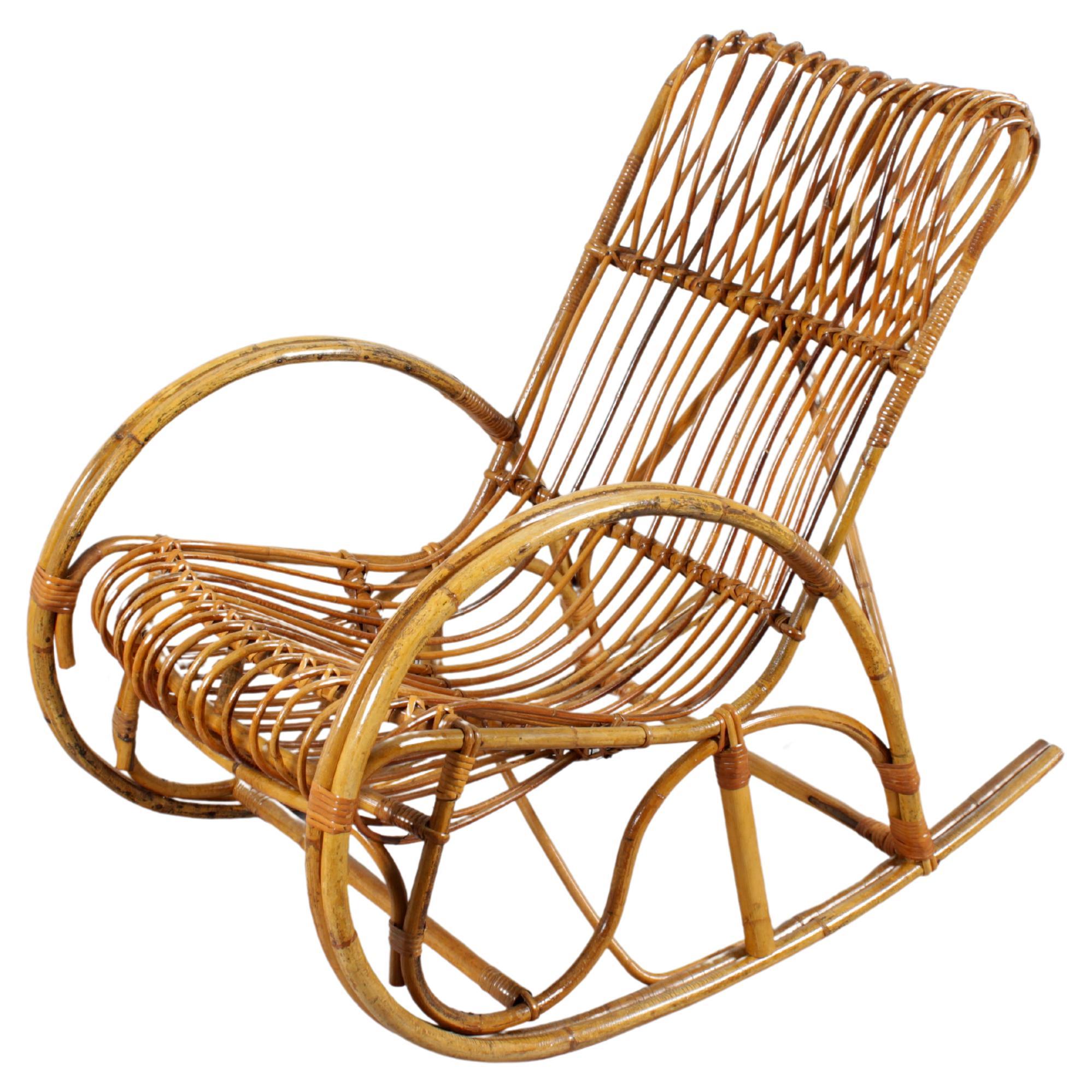 Mid-Century Bamboo and Rattan Rocking Chair Franco Albini style, Italy 60s For Sale