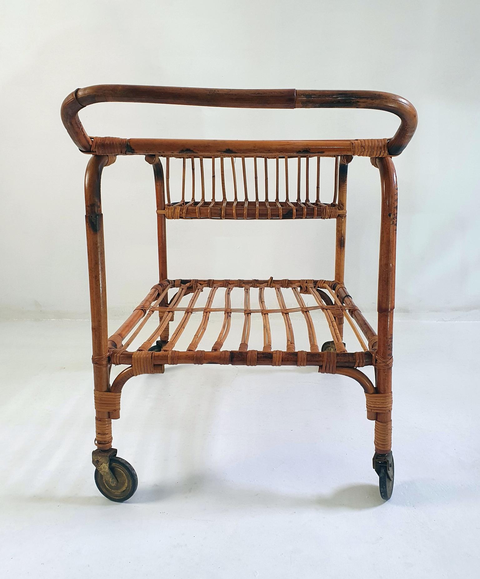 Mid Century Bar Cart in Bamboo and Rattan, Italy, 1950's For Sale 1