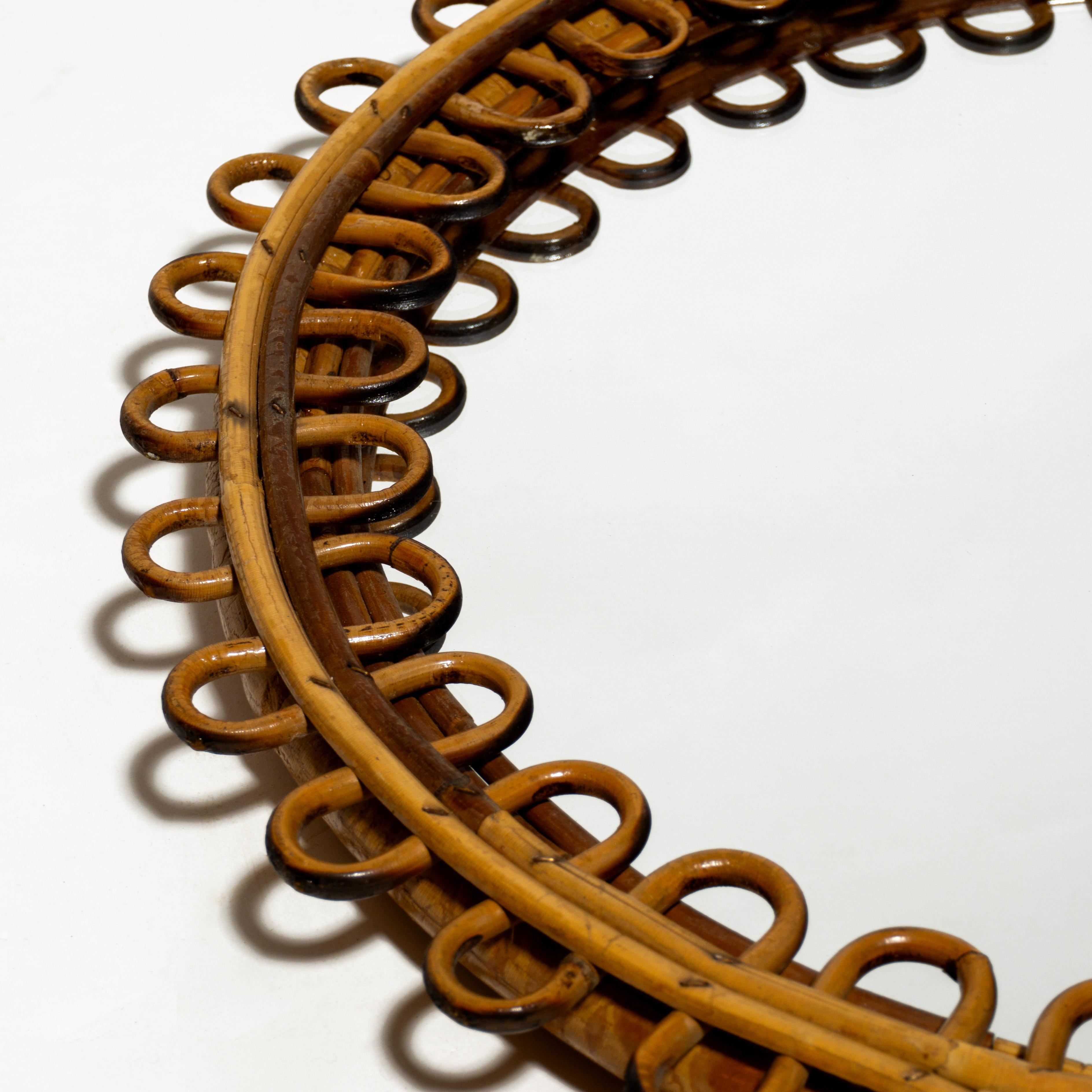 Bambù Specchio rotondo in bambù e rattan di metà secolo, stile Franco Albini, Italia 1960 in vendita