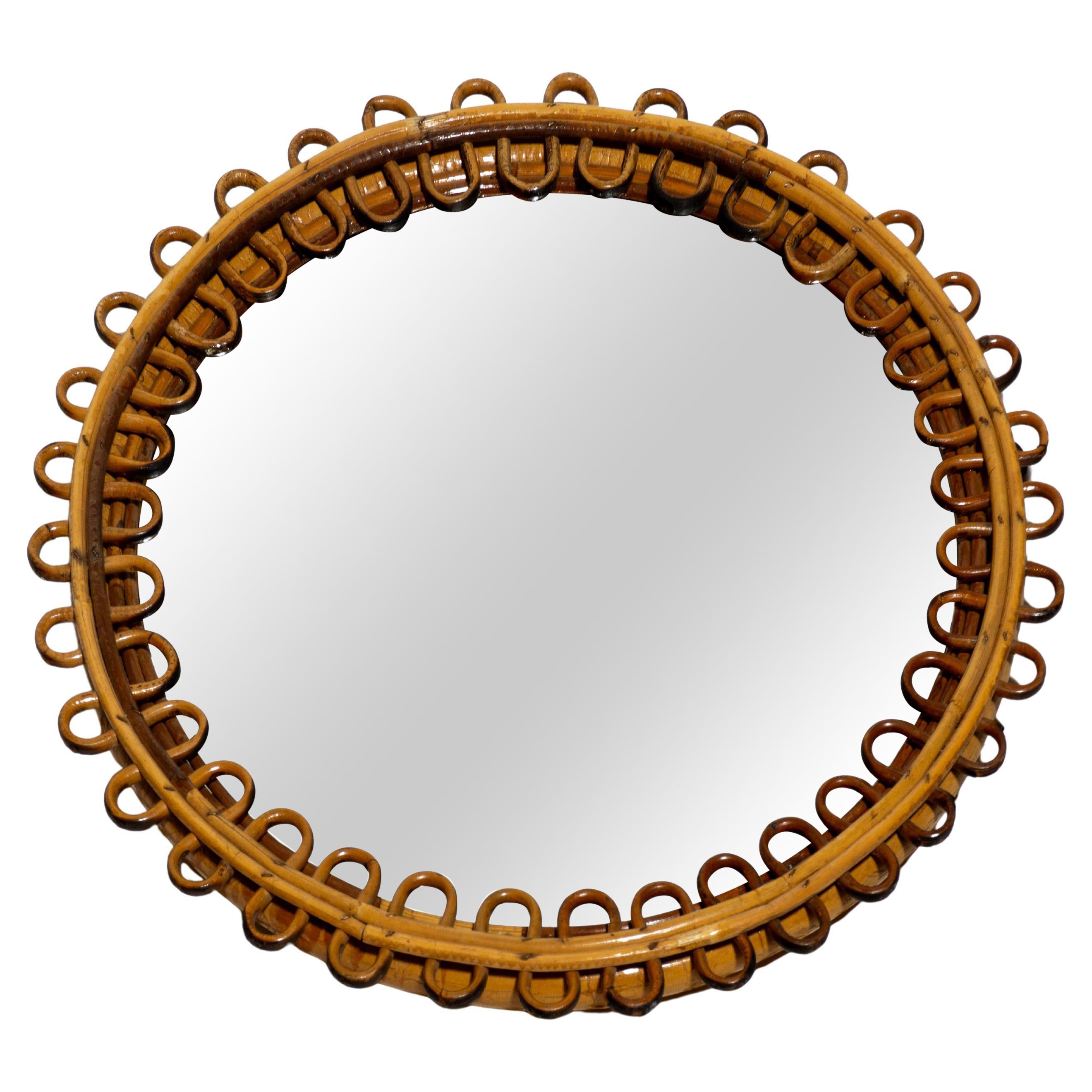 Miroir rond du milieu du siècle dernier en bambou et rotin de style Franco Albini, Italie, années 1960