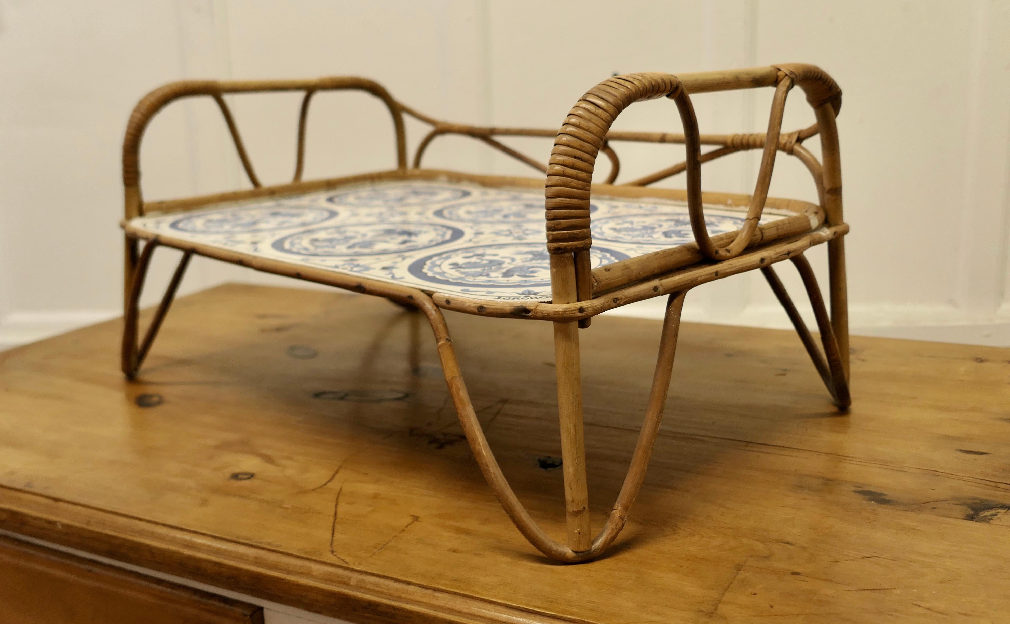 20th Century Mid-Century Bamboo and Simulated Delft Bed Tray