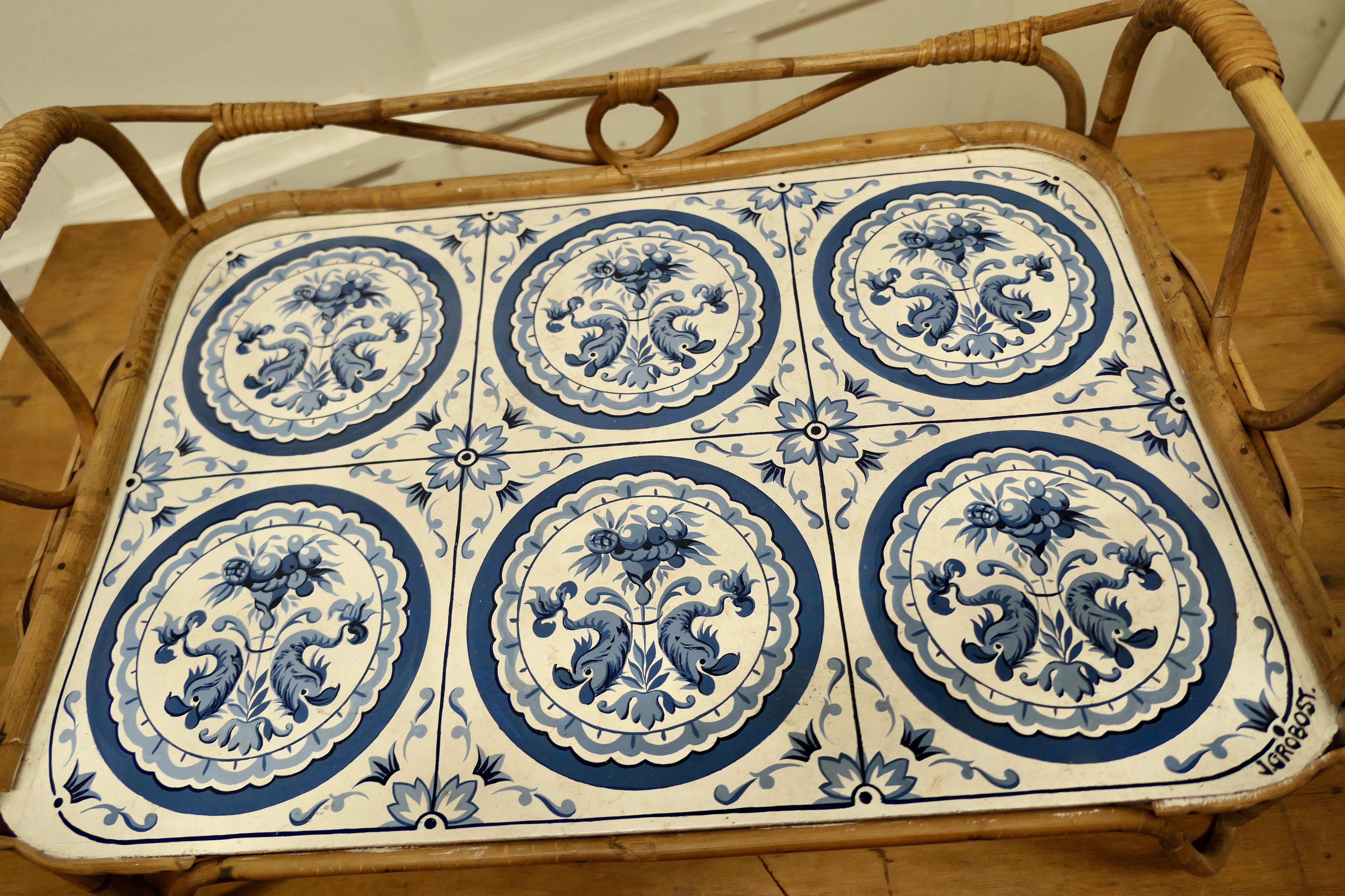 Mid-Century Bamboo and Simulated Delft Bed Tray For Sale 2