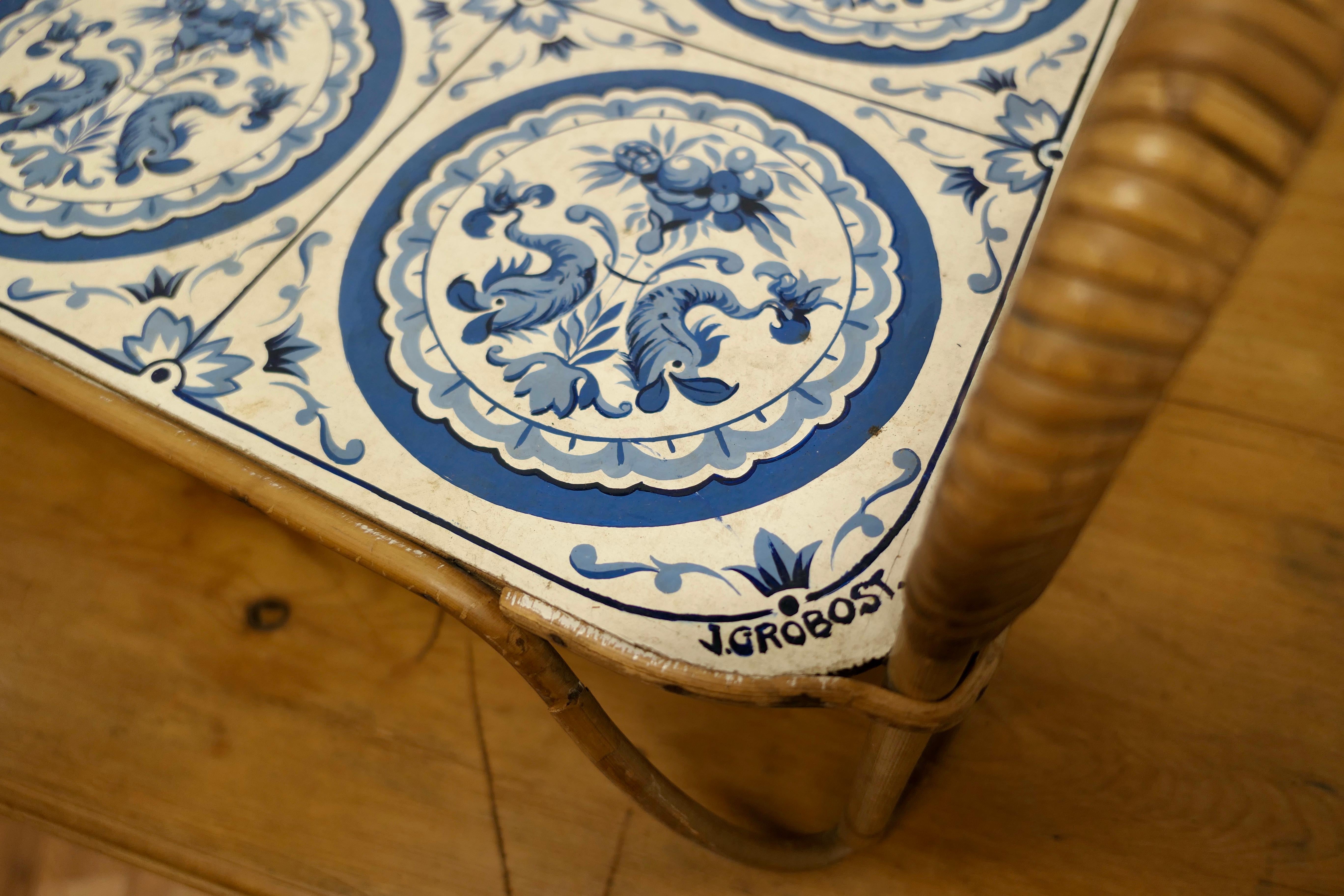 Mid-Century Bamboo and Simulated Delft Bed Tray For Sale 3