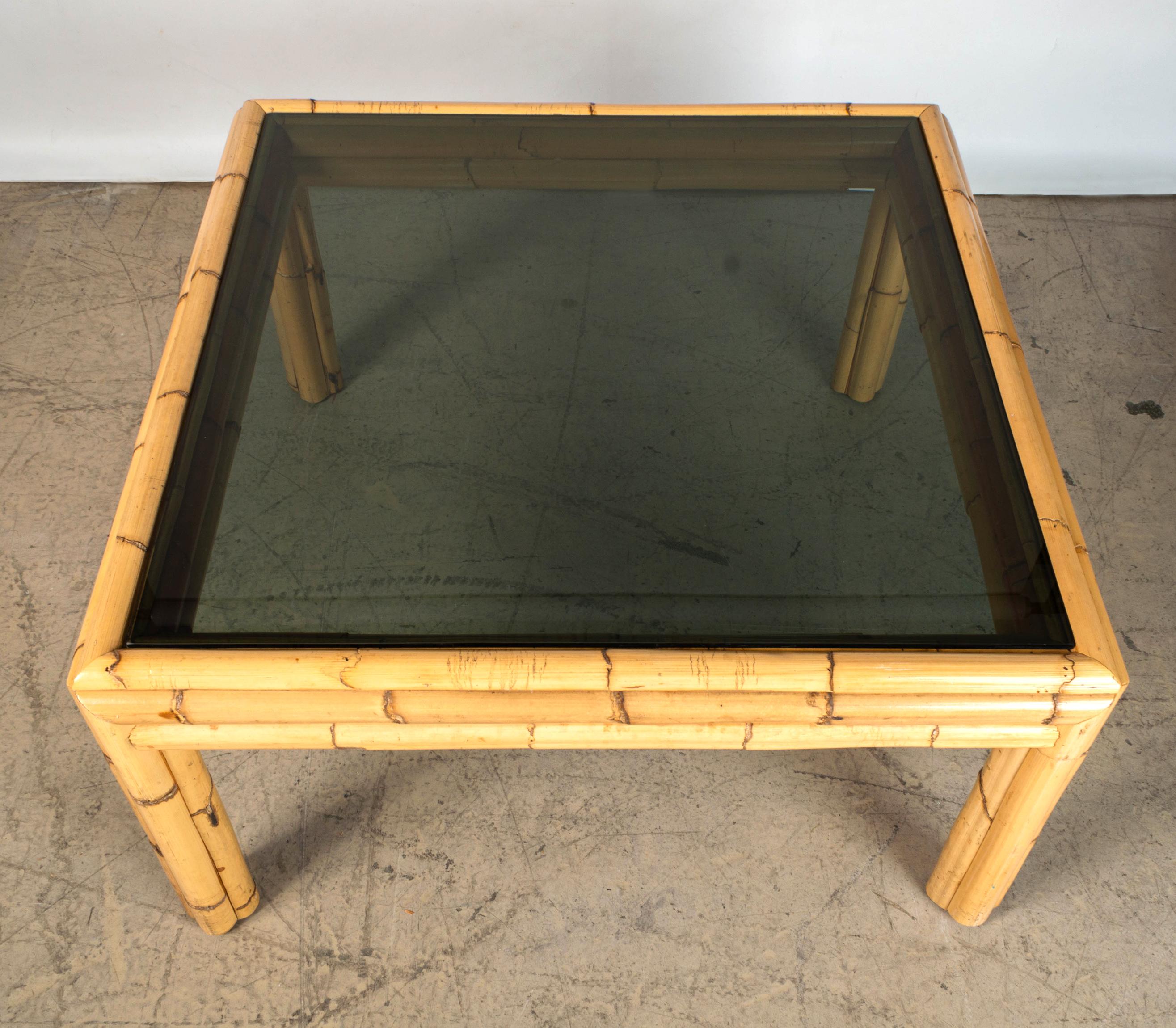 Mid-Century Modern Mid Century Bamboo and Smoked Glass Coffee Table C.1970 Spain For Sale