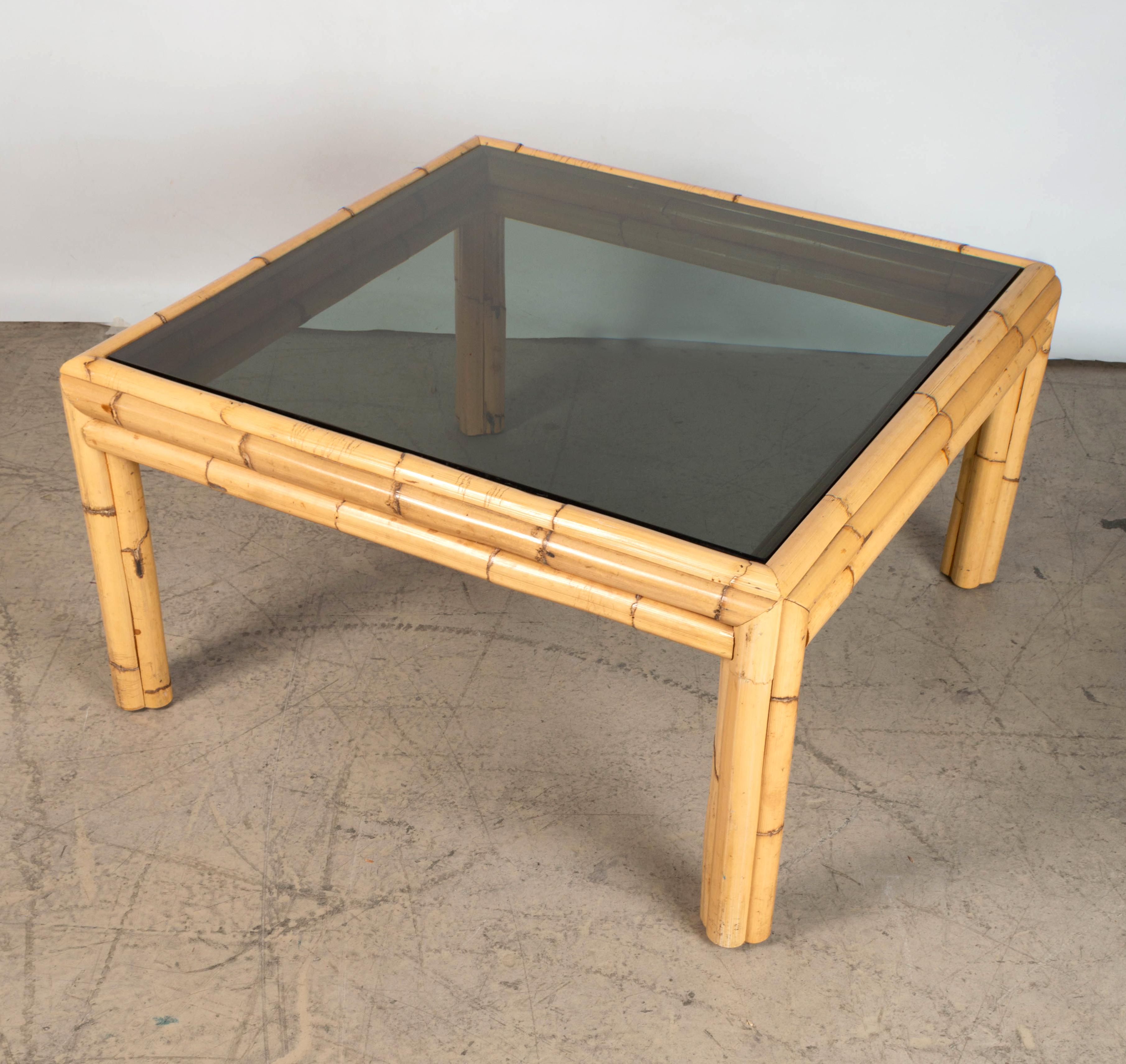 Mid Century Bamboo and Smoked Glass Coffee Table C.1970 Spain In Good Condition For Sale In London, GB