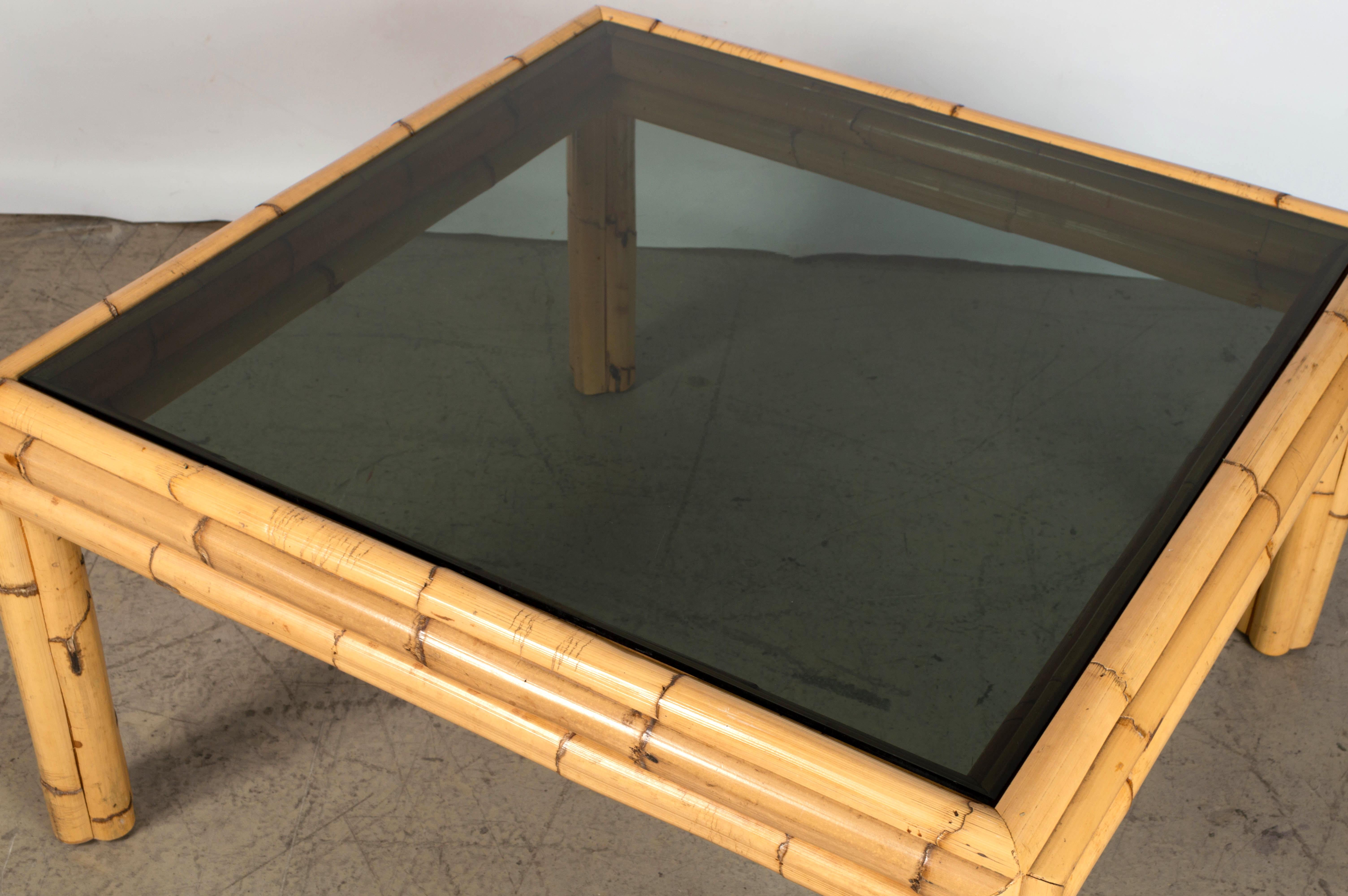 20th Century Mid Century Bamboo and Smoked Glass Coffee Table C.1970 Spain For Sale