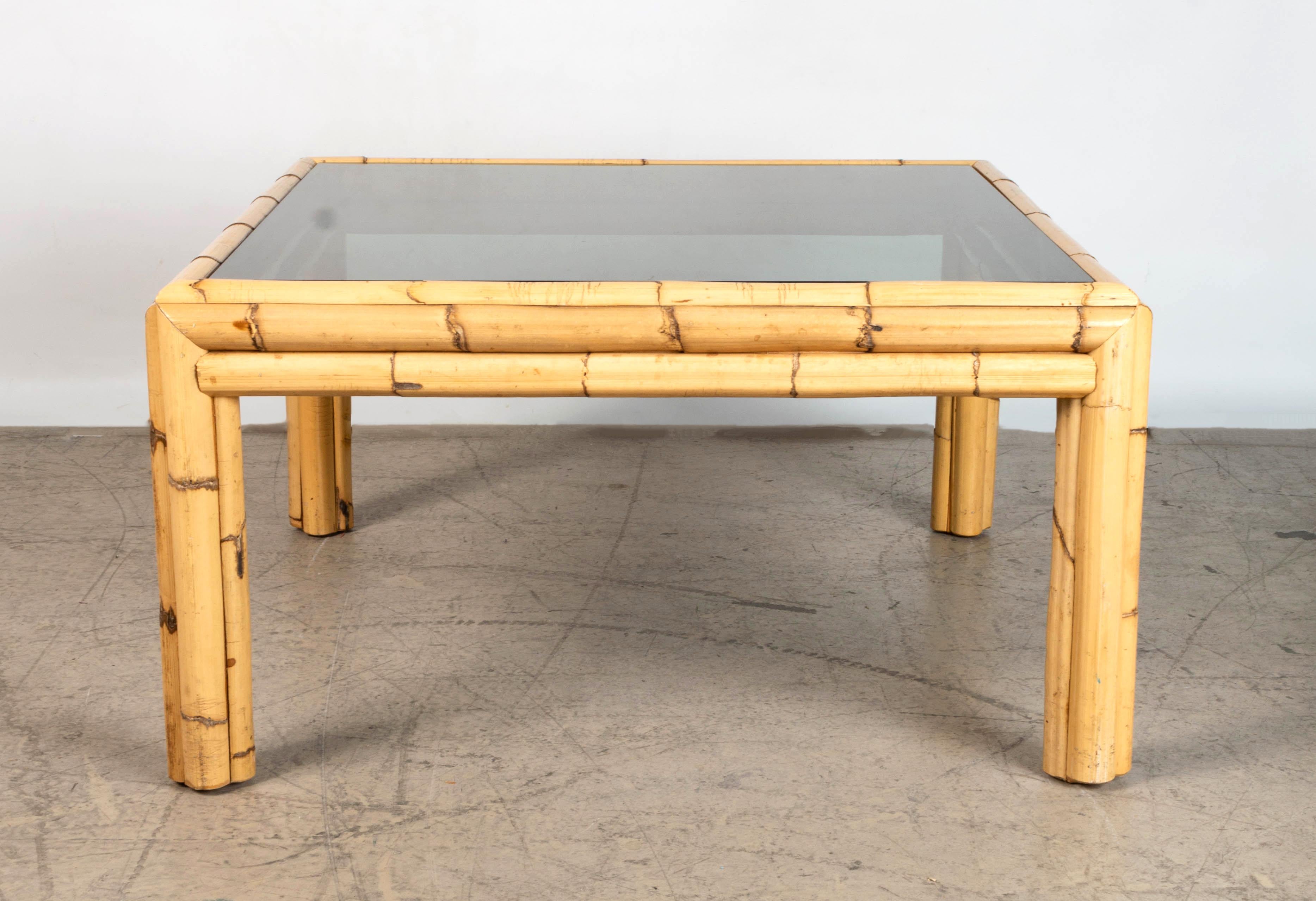 Mid Century Bamboo and Smoked Glass Coffee Table C.1970 Spain For Sale 1