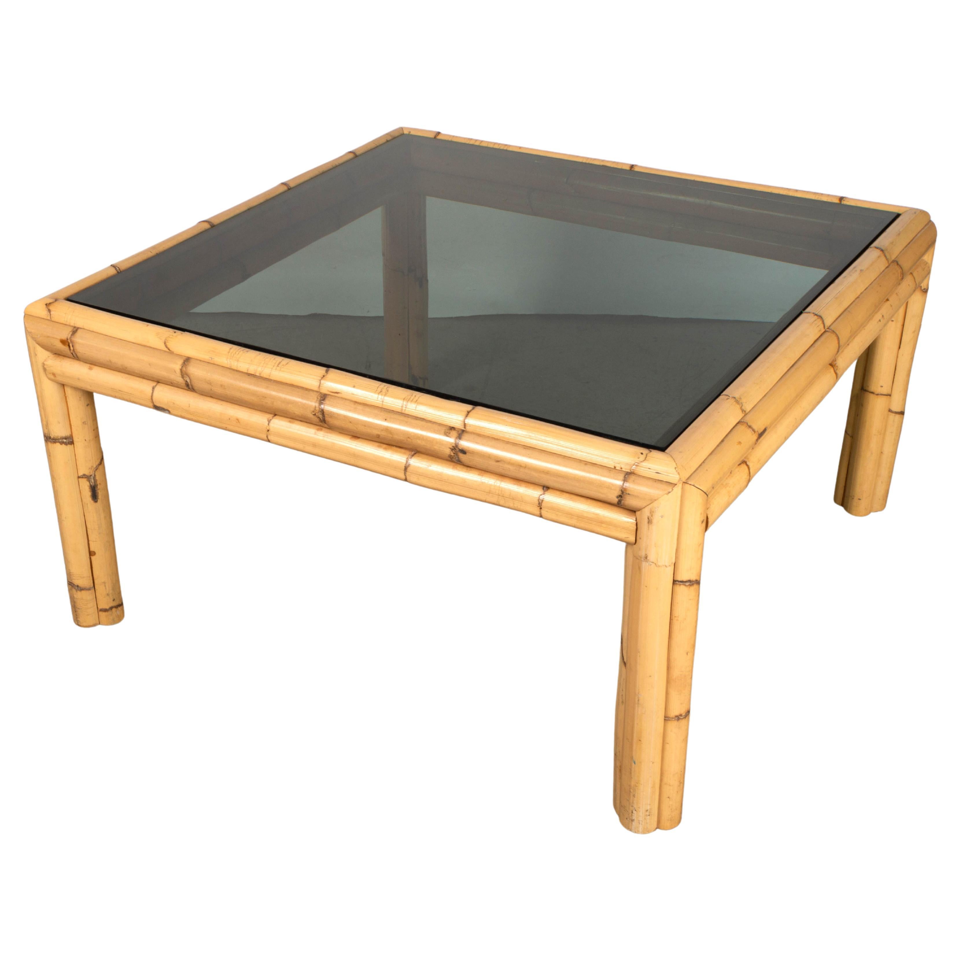 Mid Century Bamboo and Smoked Glass Coffee Table C.1970 Spain For Sale