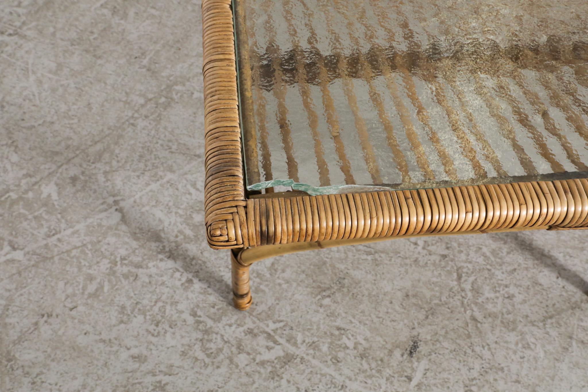 Mid-Century Bamboo and Textured Glass Coffee Table 4