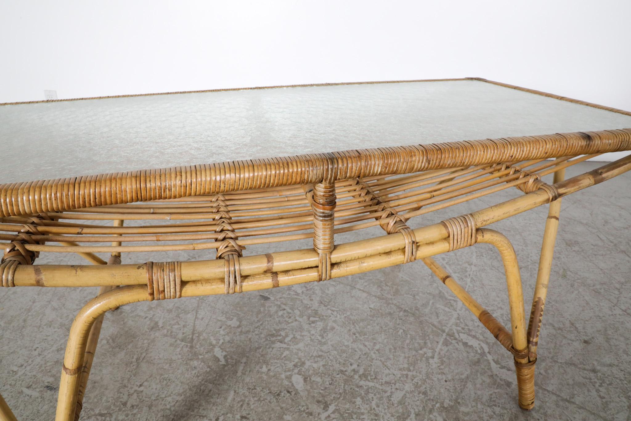 Mid-Century Rectangular Bamboo and Textured Glass Coffee Table For Sale 6