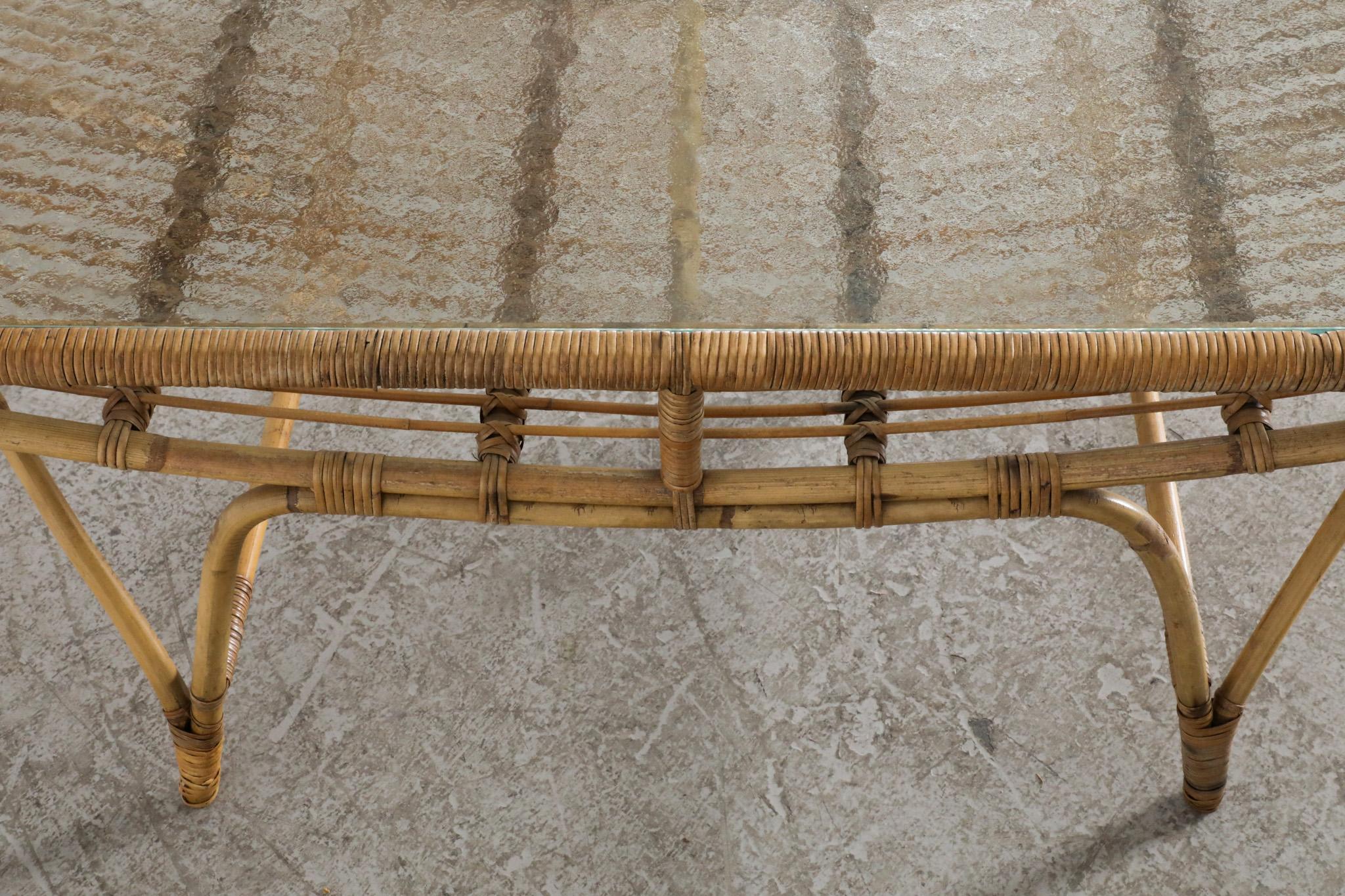 Mid-Century Rectangular Bamboo and Textured Glass Coffee Table For Sale 7