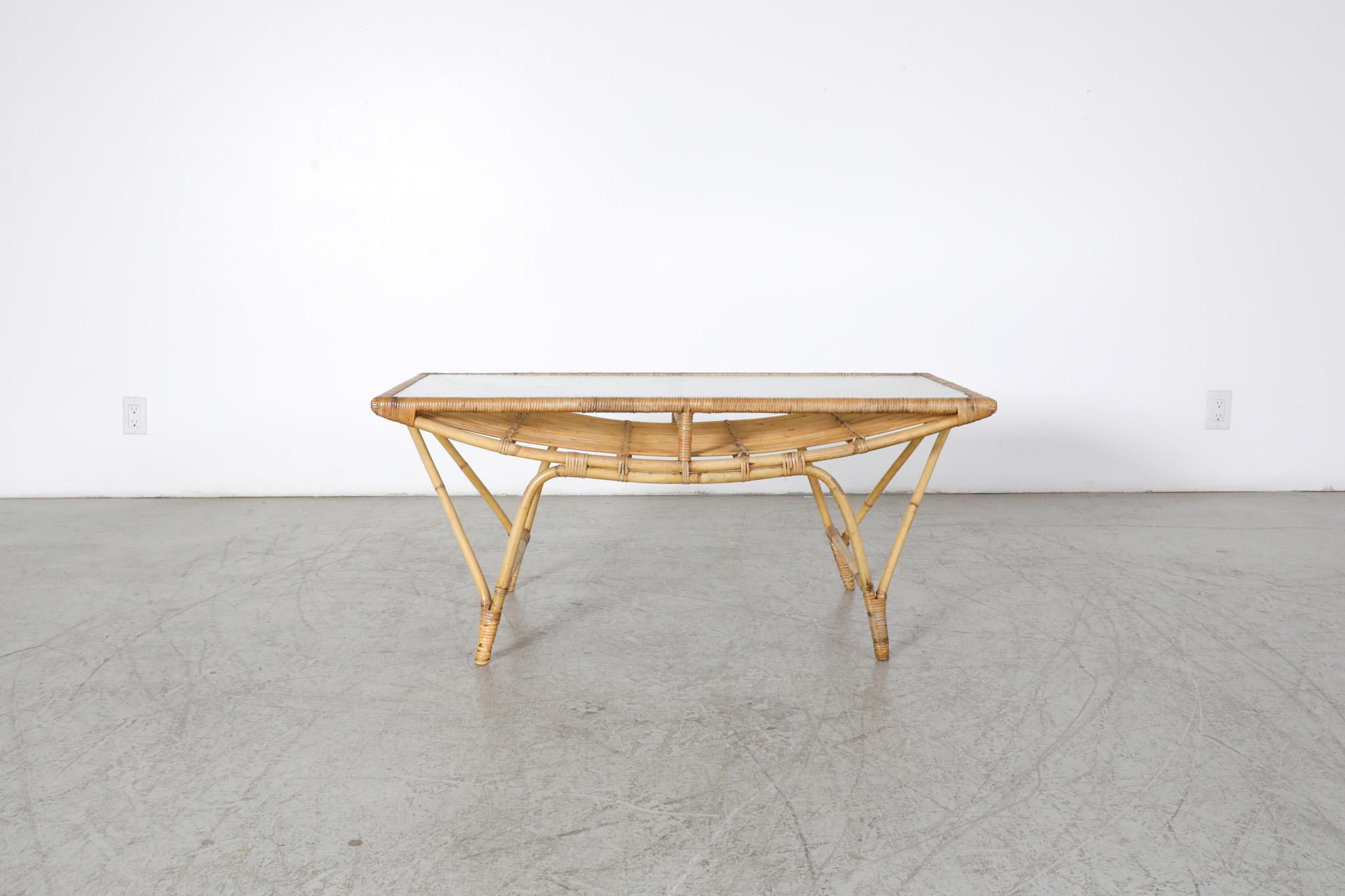 Mid-Century Modern Mid-Century Rectangular Bamboo and Textured Glass Coffee Table For Sale