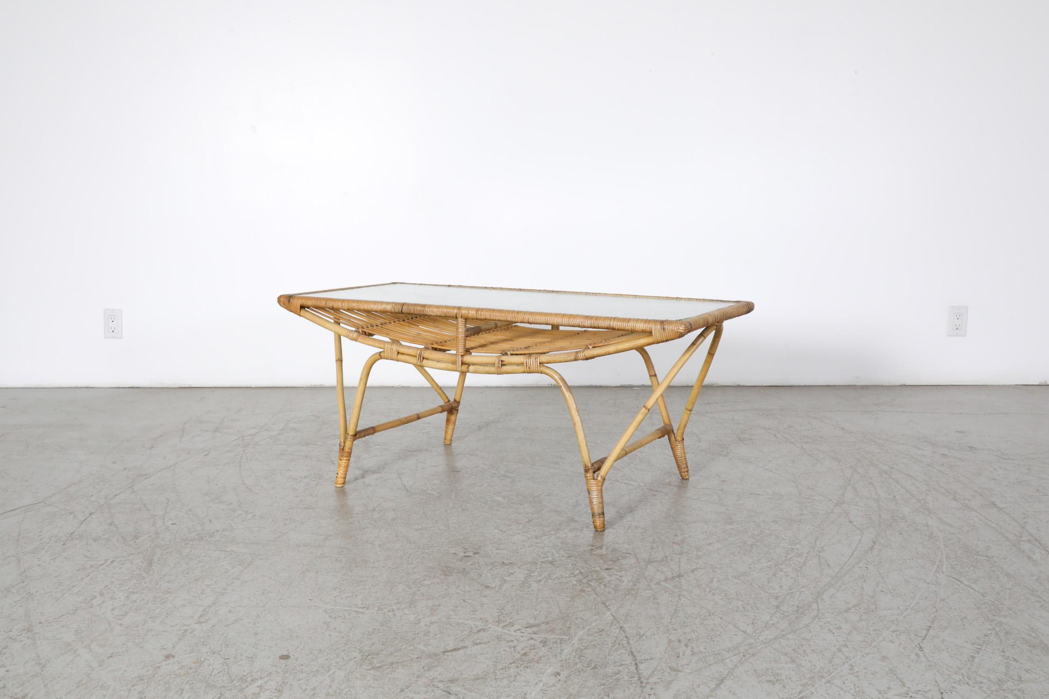 Dutch Mid-Century Bamboo and Textured Glass Coffee Table