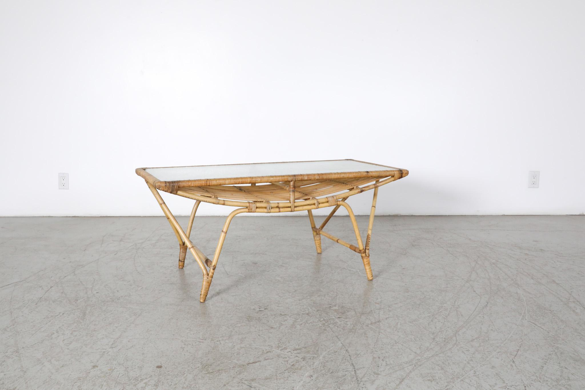 Mid-20th Century Mid-Century Bamboo and Textured Glass Coffee Table For Sale