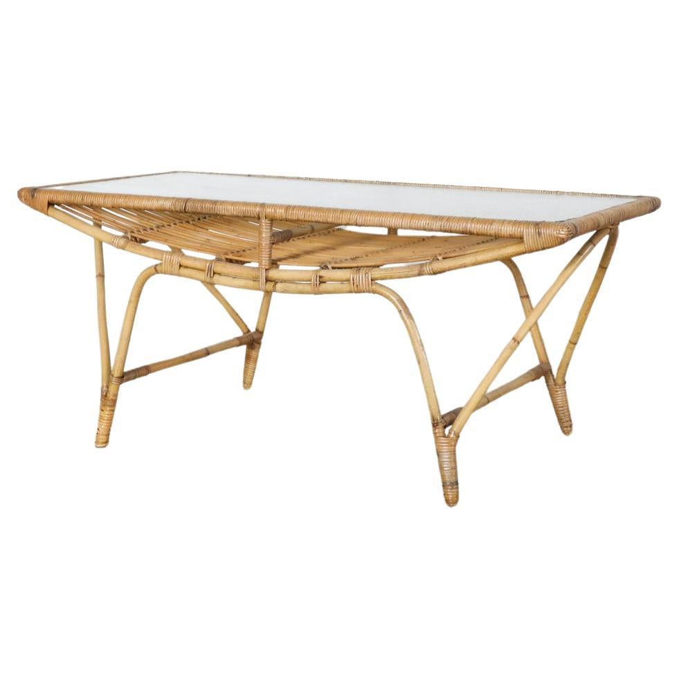 Mid-Century Bamboo and Textured Glass Coffee Table For Sale