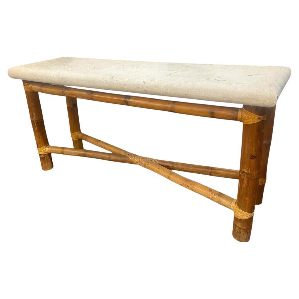 Mid Century Bamboo and Travertine Console Table