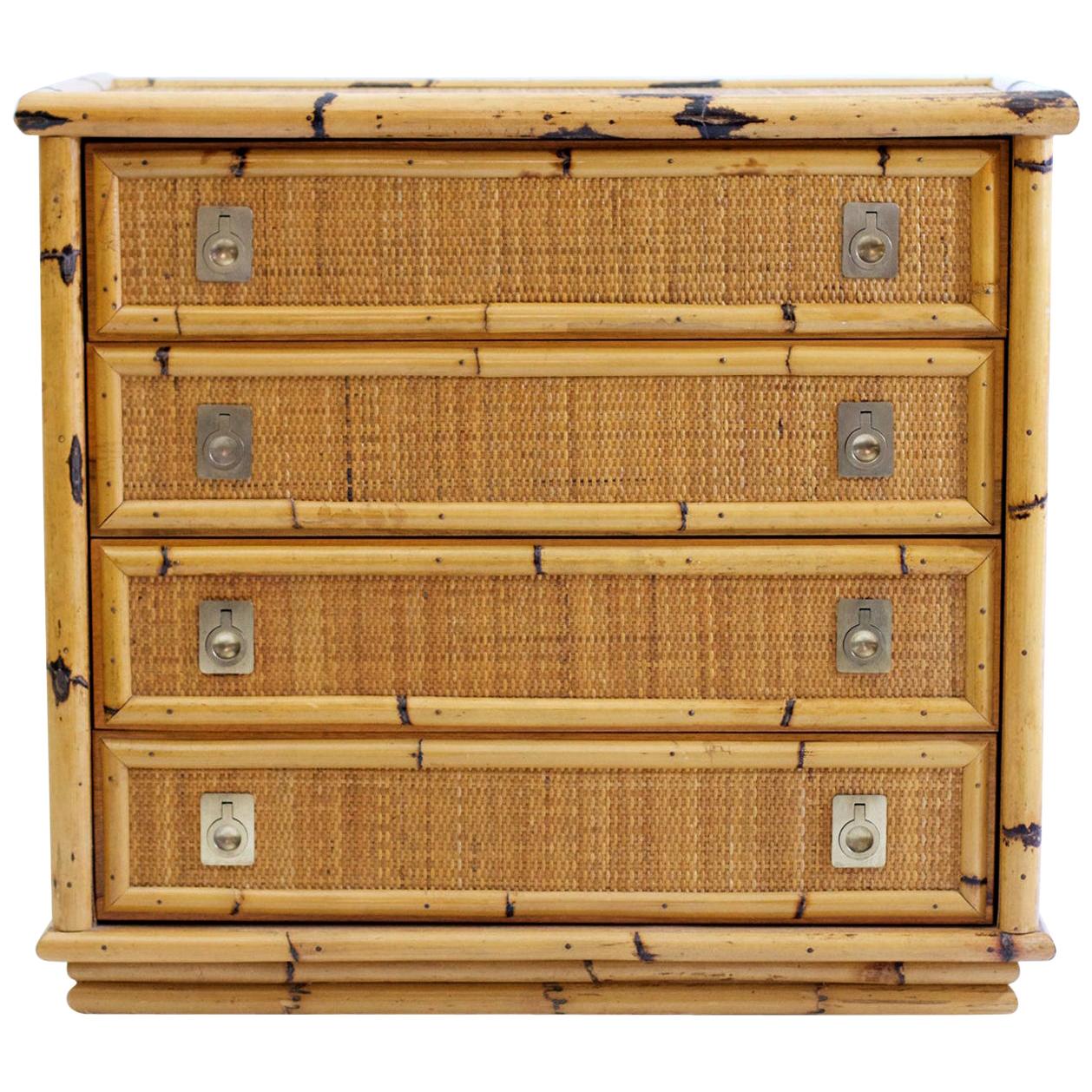 Mid Century Bamboo and Wicker Chest of Drawers by Dal Vera, Italy