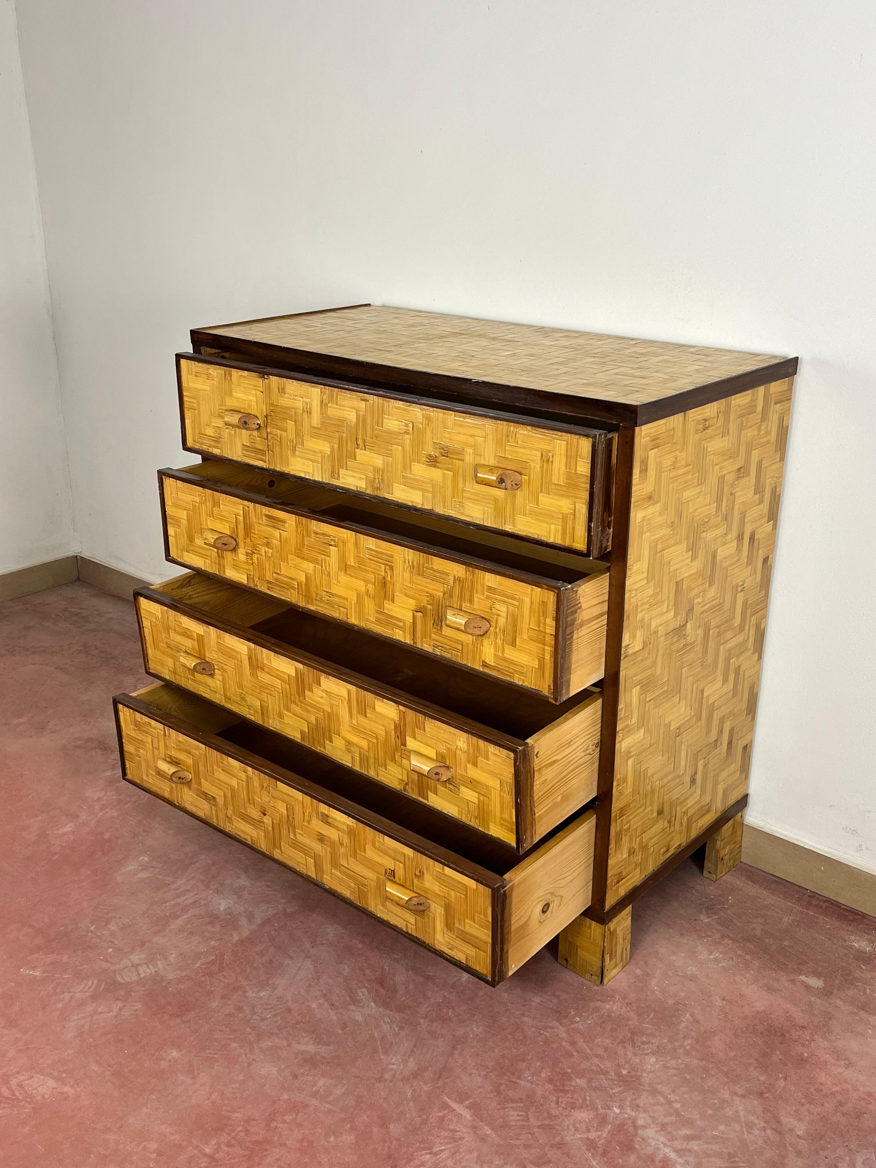 Bambù Cassettiera in bambù e vimini di metà secolo nello stile di Dal Vera, anni '60 in vendita