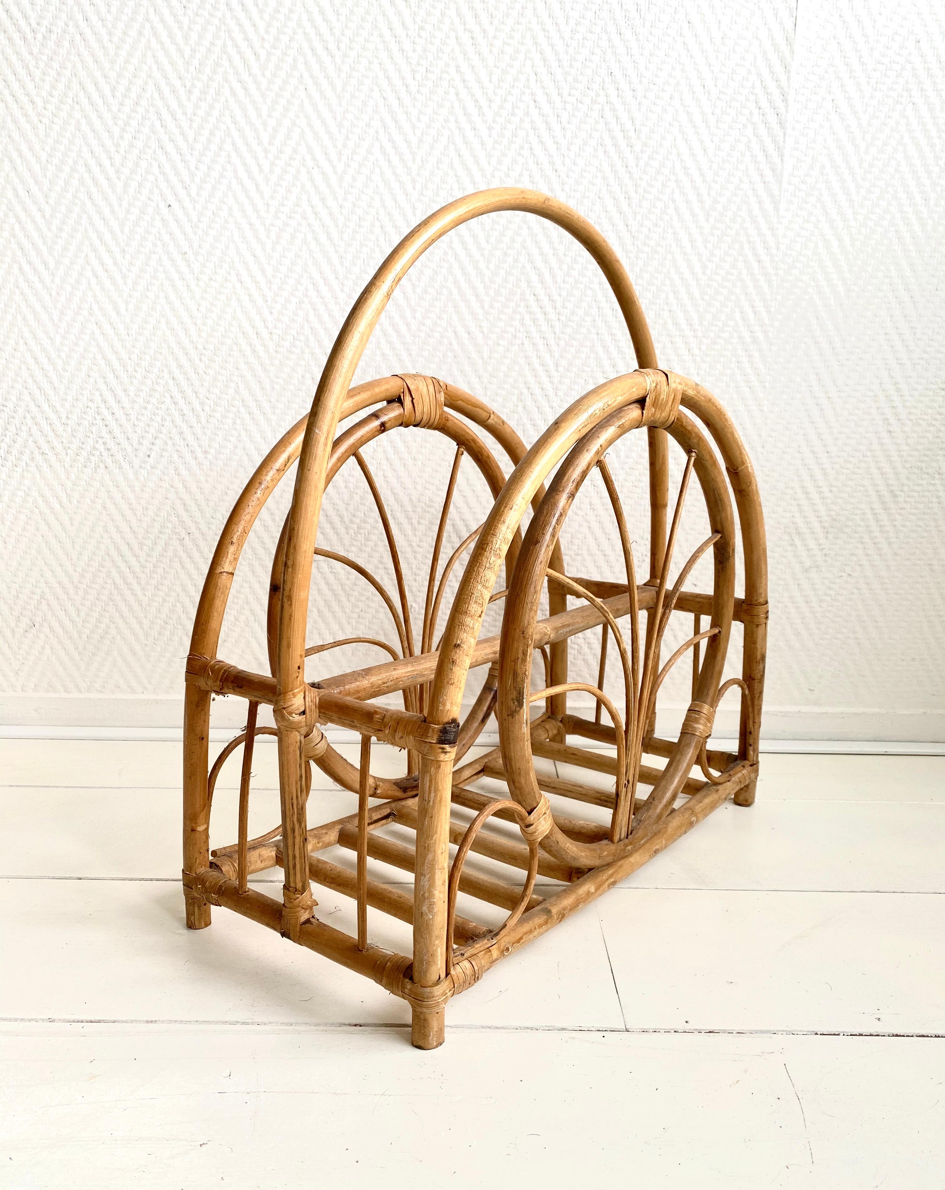 Bohemian Midcentury Bamboo and Wicker Magazine Holder For Sale