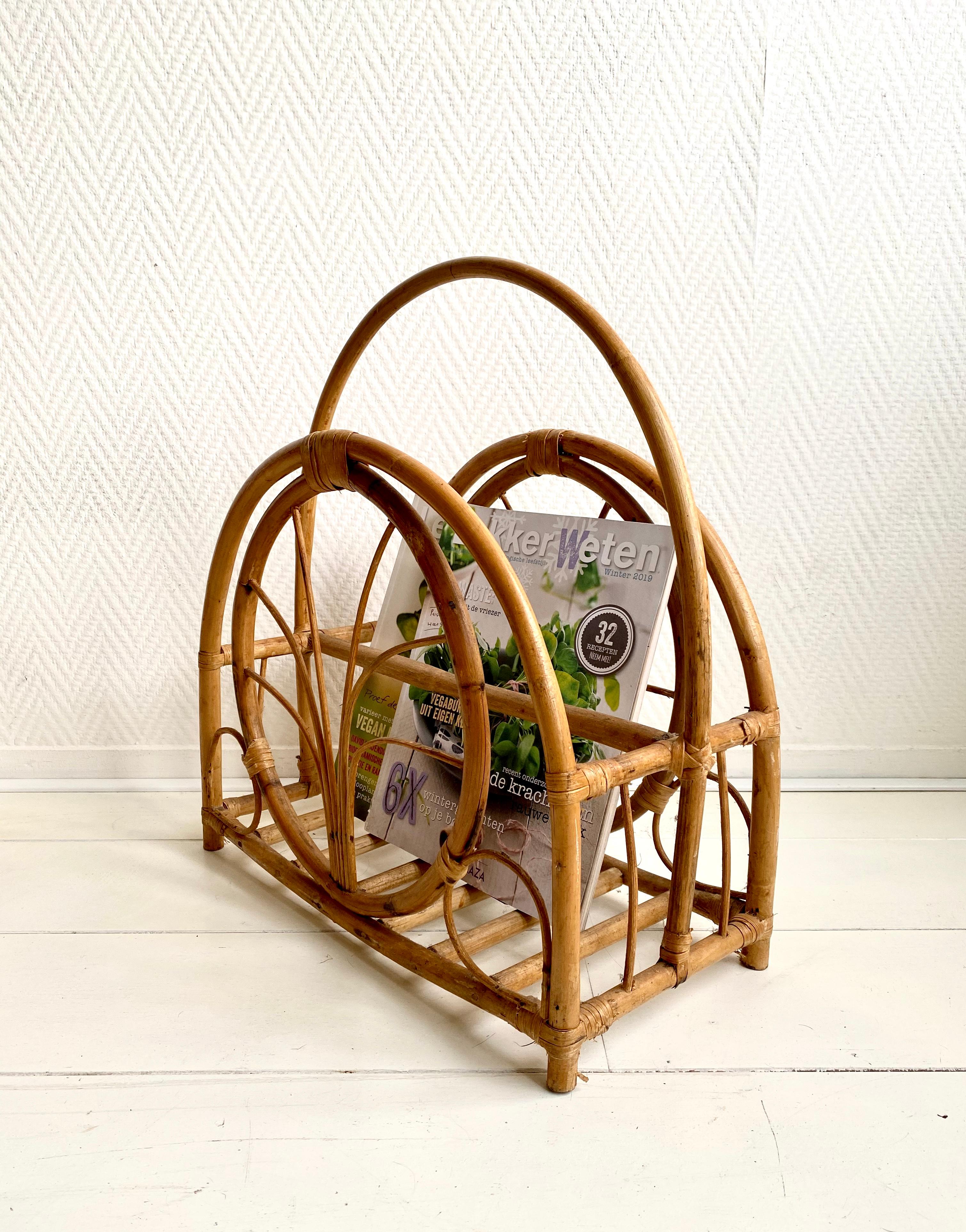 20th Century Midcentury Bamboo and Wicker Magazine Holder For Sale