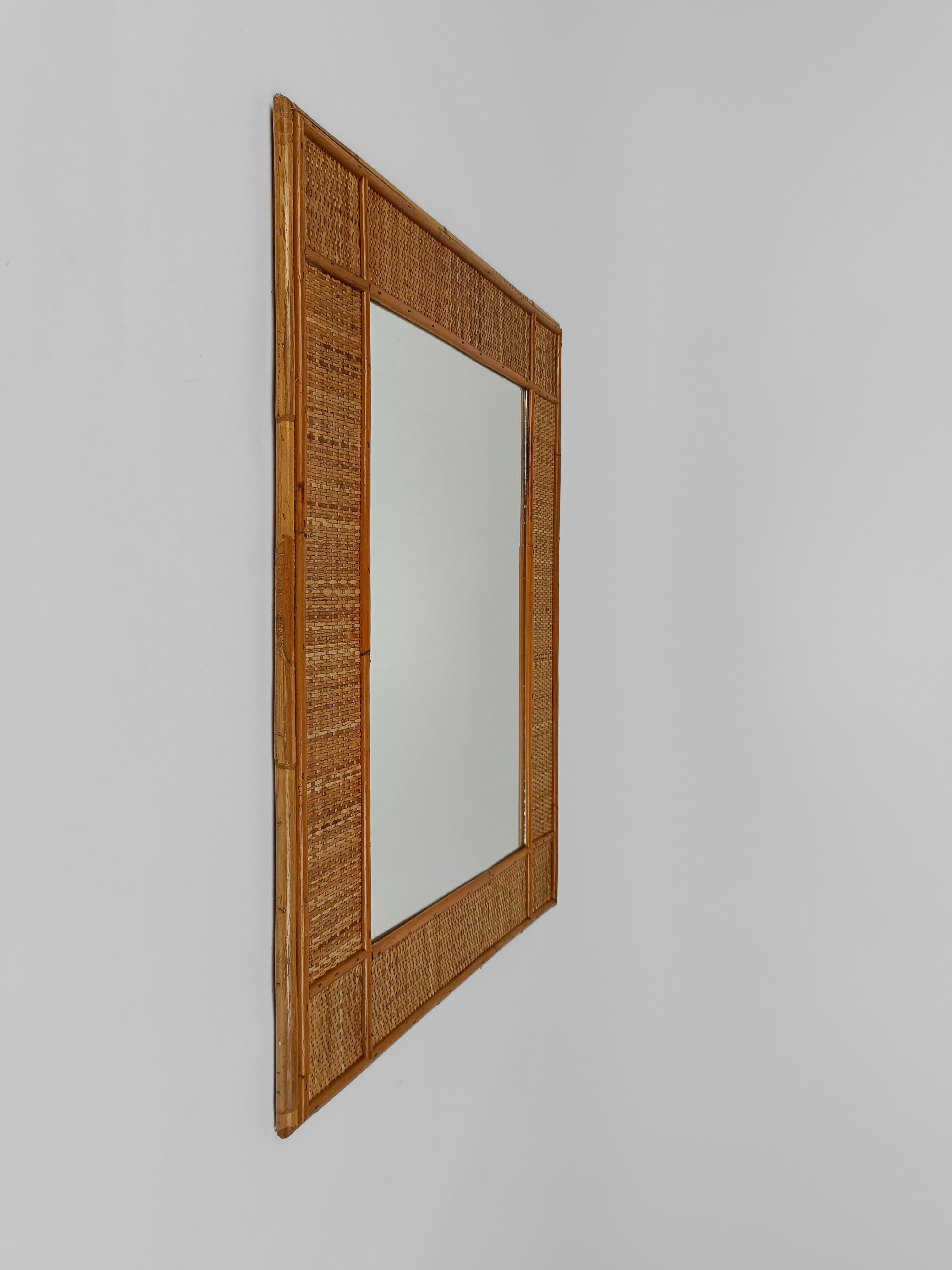 Mid-Century Bamboo and Woven Rectangular Wicker Mirror, Italy, 1970 For Sale 5