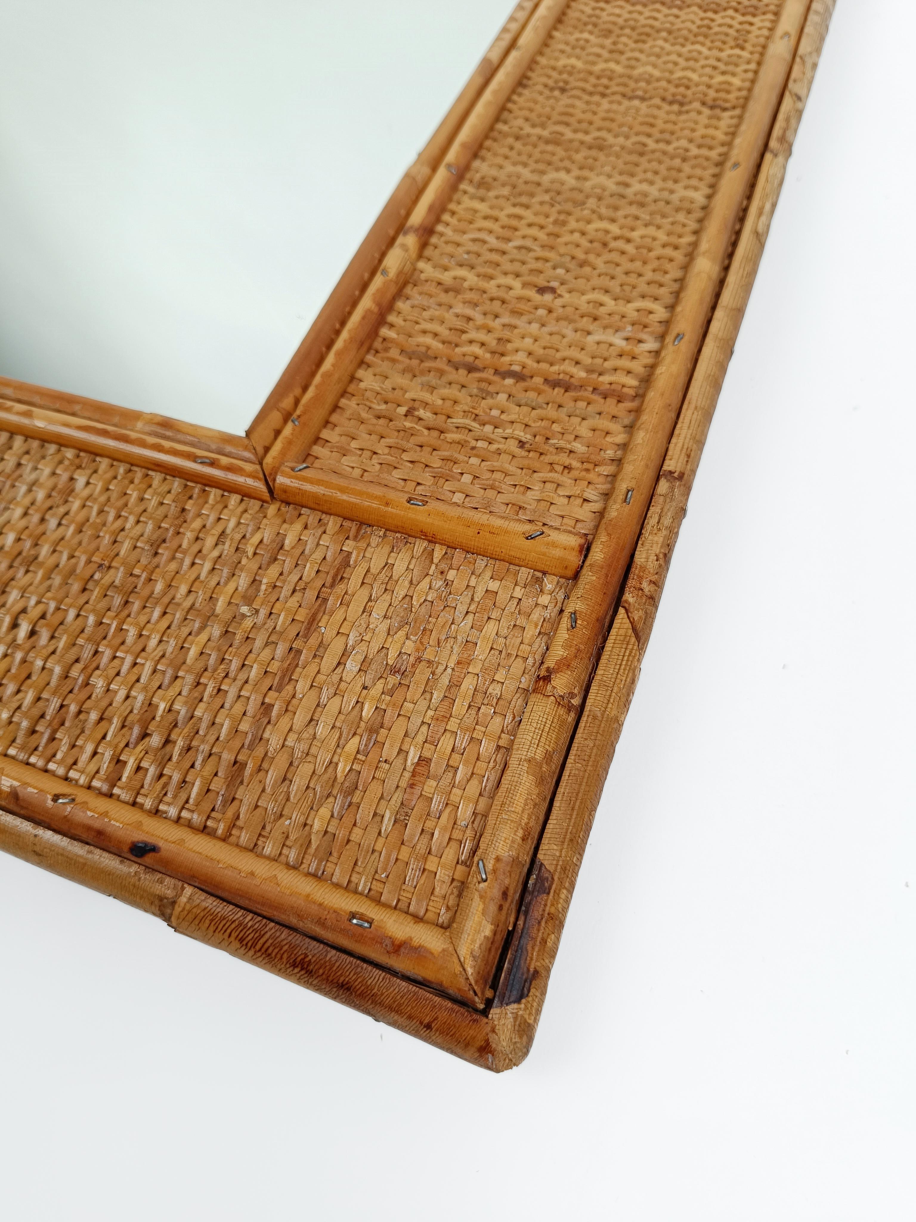 Mid-Century Bamboo and Woven Rectangular Wicker Mirror, Italy, 1970 For Sale 3