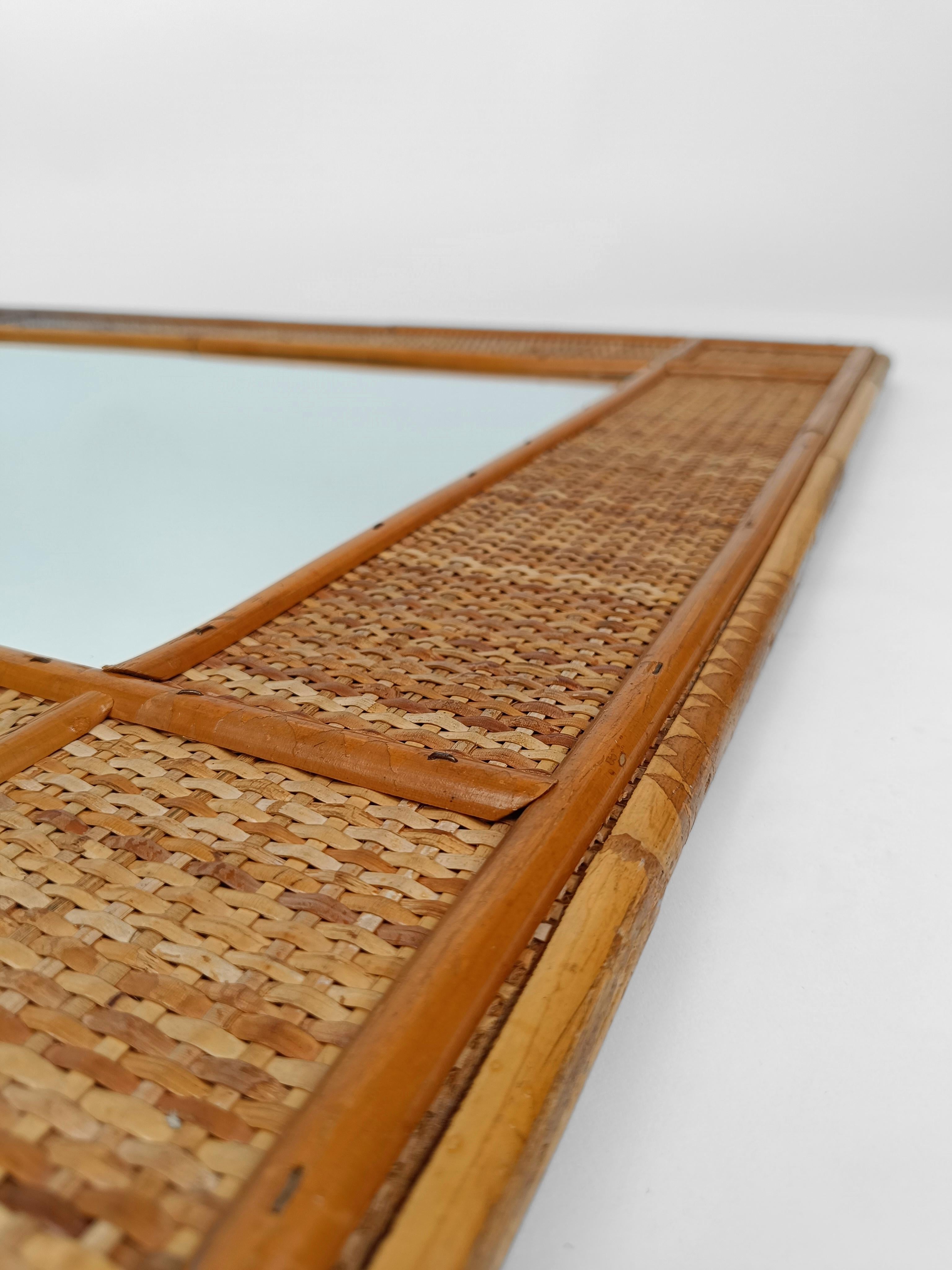 Mid-Century Bamboo and Woven Rectangular Wicker Mirror, Italy, 1970 For Sale 6