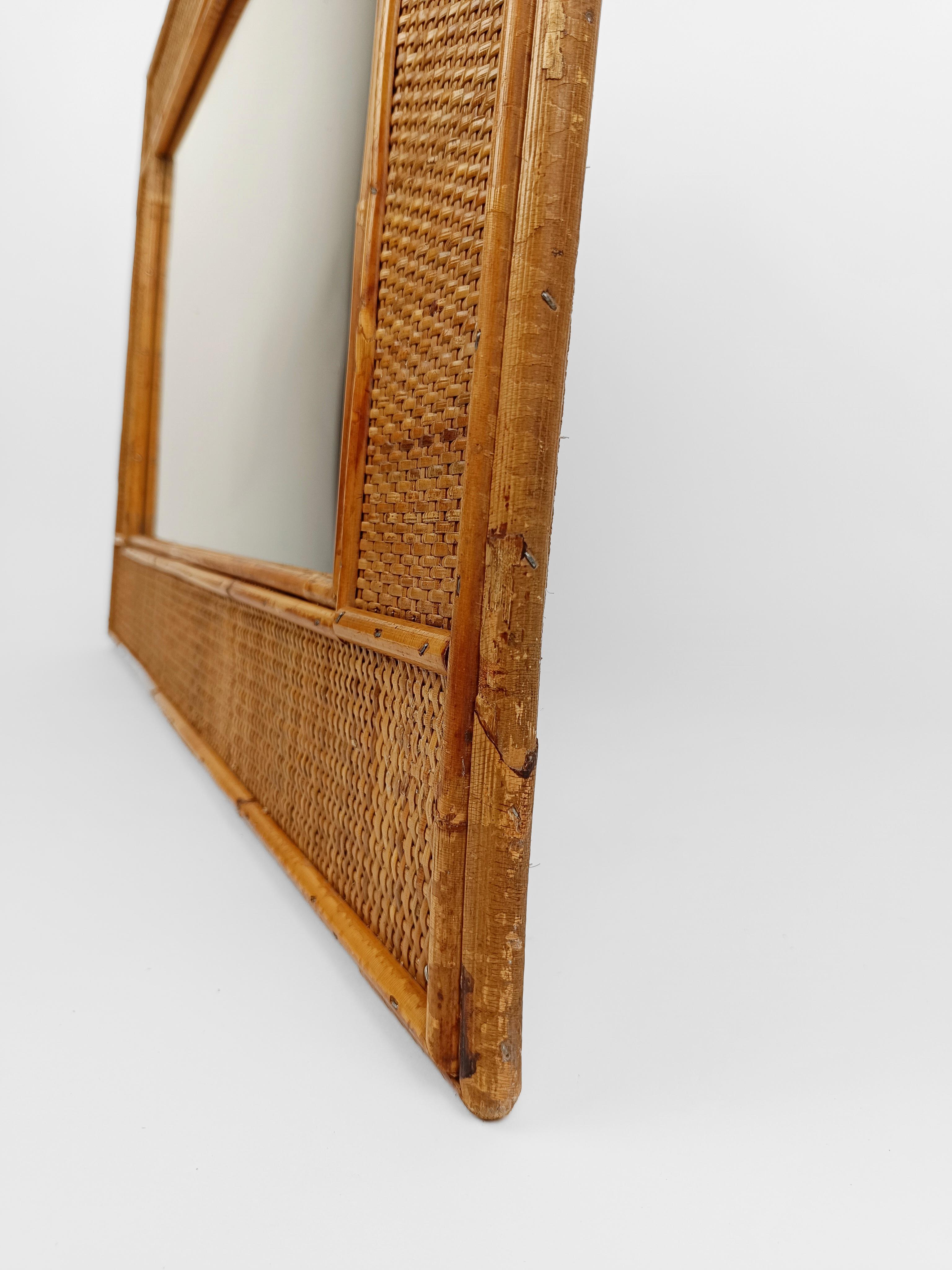 Mid-Century Bamboo and Woven Rectangular Wicker Mirror, Italy, 1970 For Sale 8