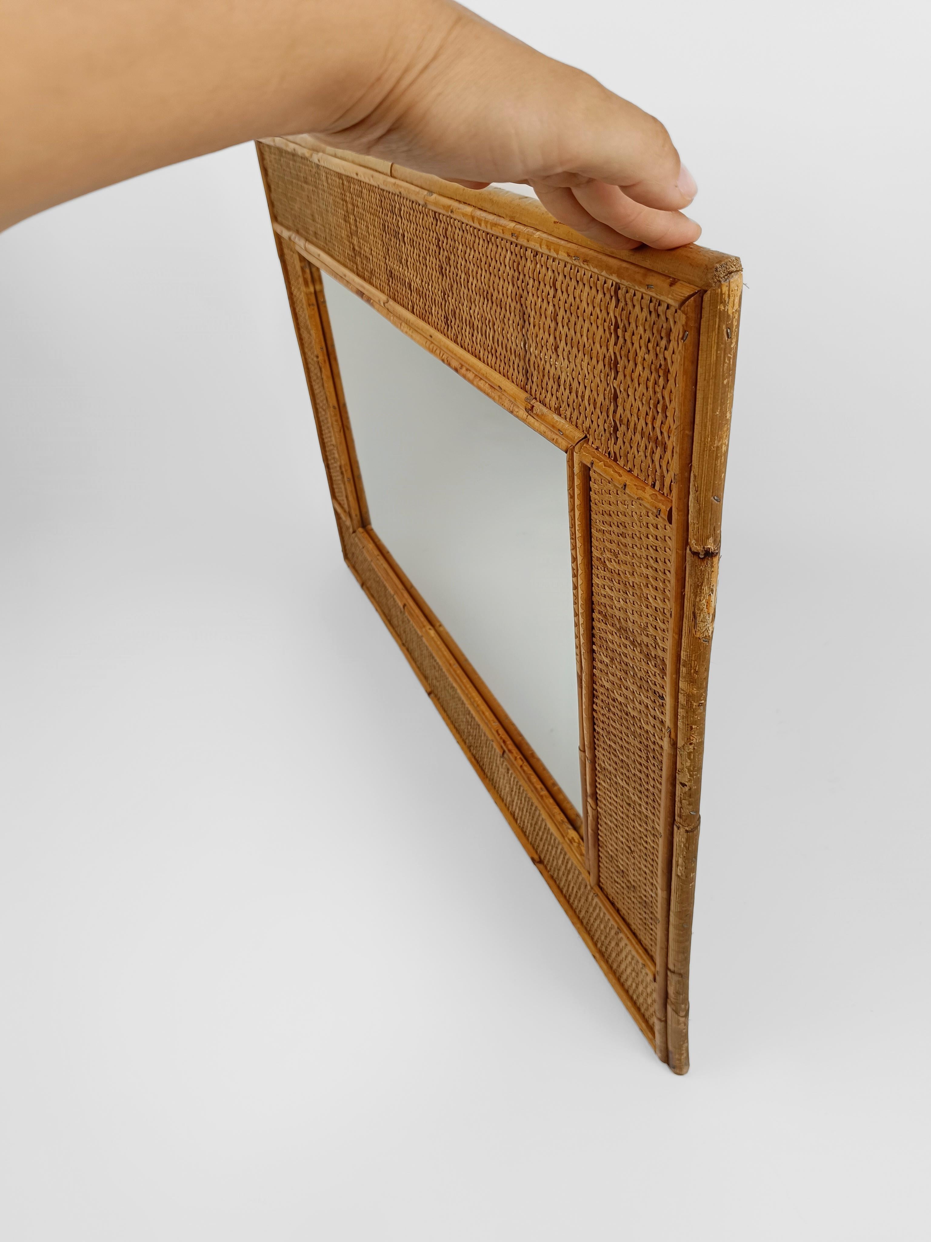 Mid-Century Bamboo and Woven Rectangular Wicker Mirror, Italy, 1970 For Sale 6