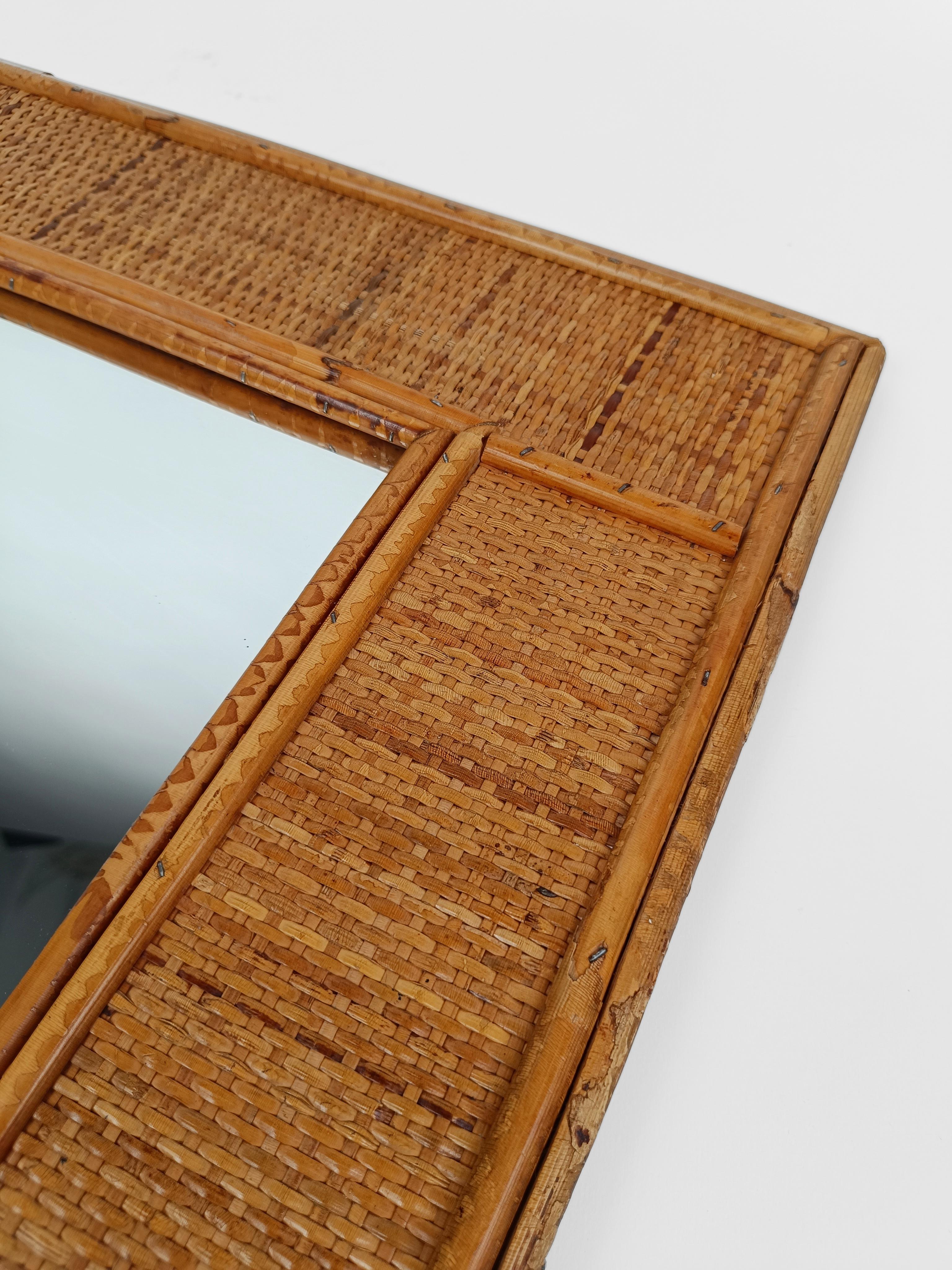 Mid-Century Bamboo and Woven Rectangular Wicker Mirror, Italy, 1970 For Sale 12