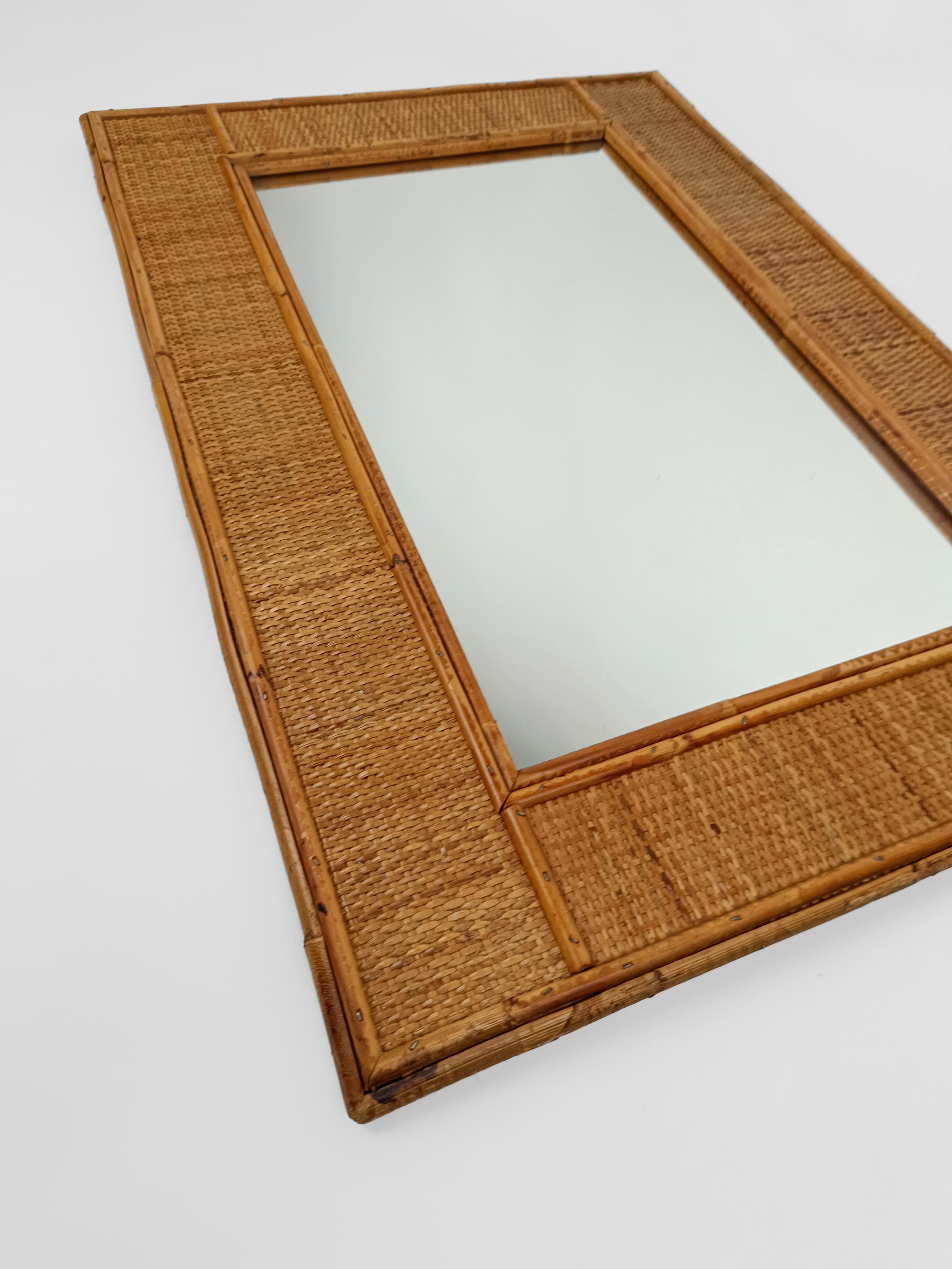 Mid-Century Modern Mid-Century Bamboo and Woven Rectangular Wicker Mirror, Italy, 1970 For Sale