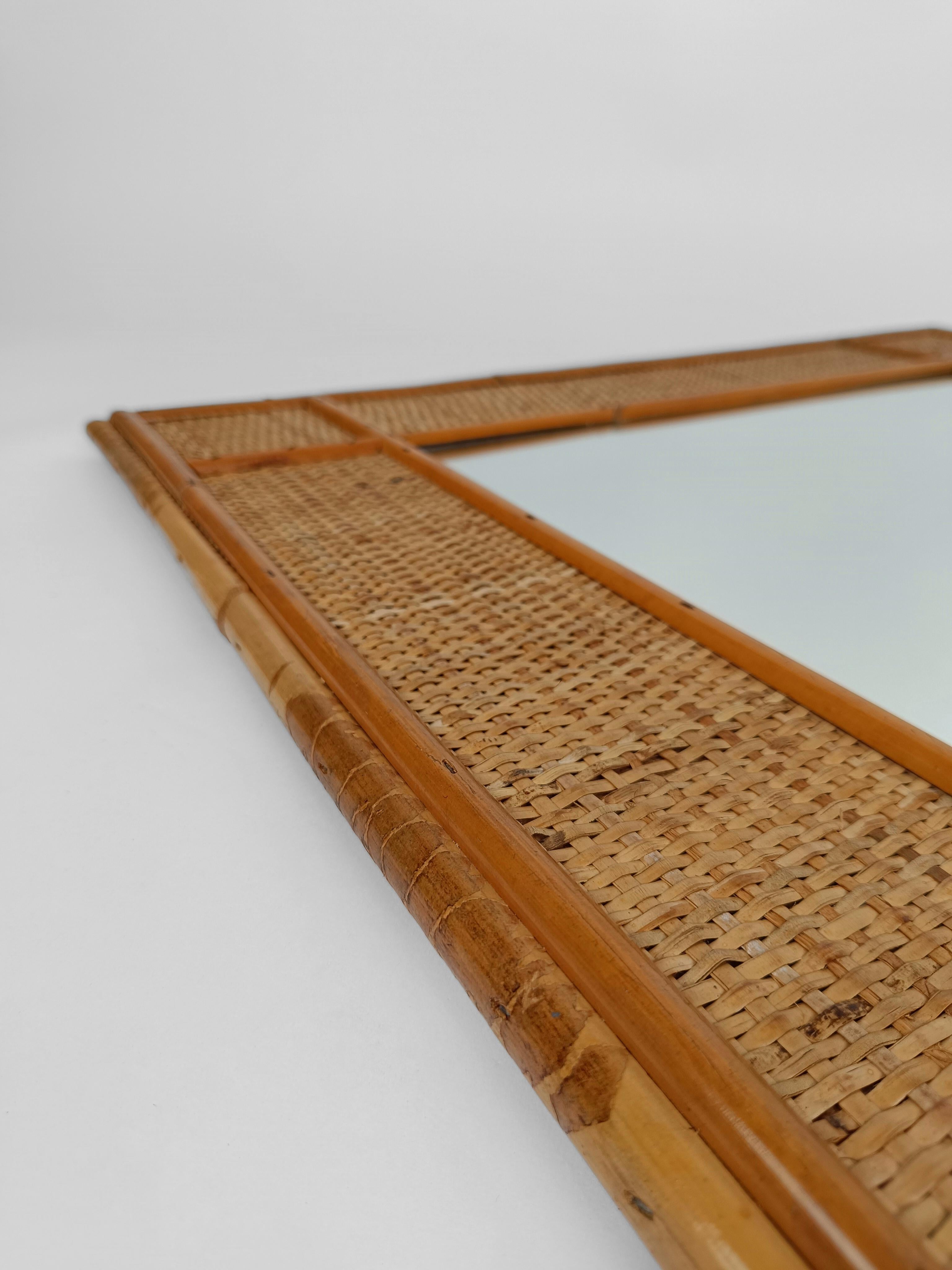 Mid-Century Modern Mid-Century Bamboo and Woven Rectangular Wicker Mirror, Italy, 1970 For Sale