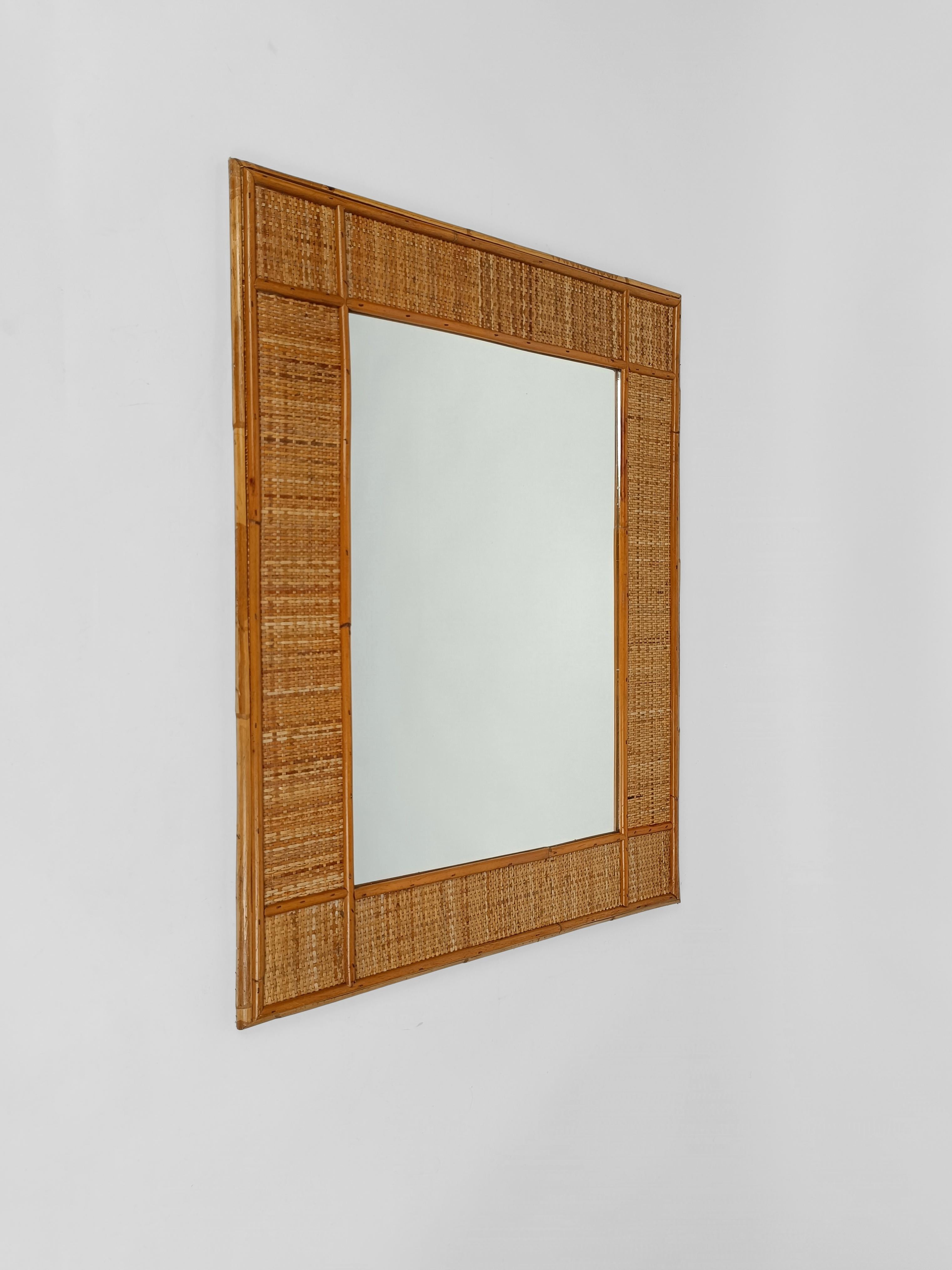 Italian Mid-Century Bamboo and Woven Rectangular Wicker Mirror, Italy, 1970 For Sale