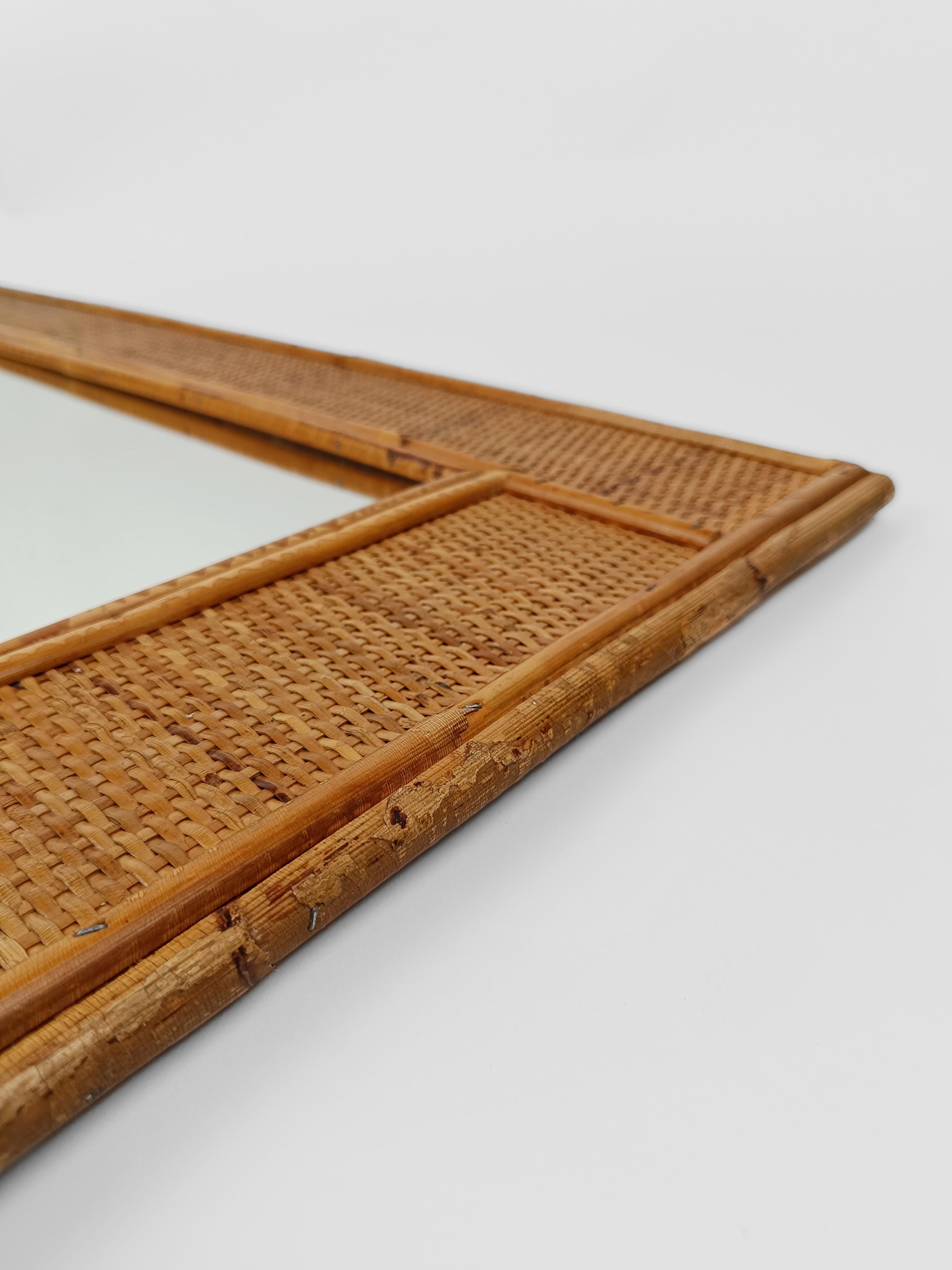 Mid-Century Bamboo and Woven Rectangular Wicker Mirror, Italy, 1970 In Good Condition For Sale In Roma, IT