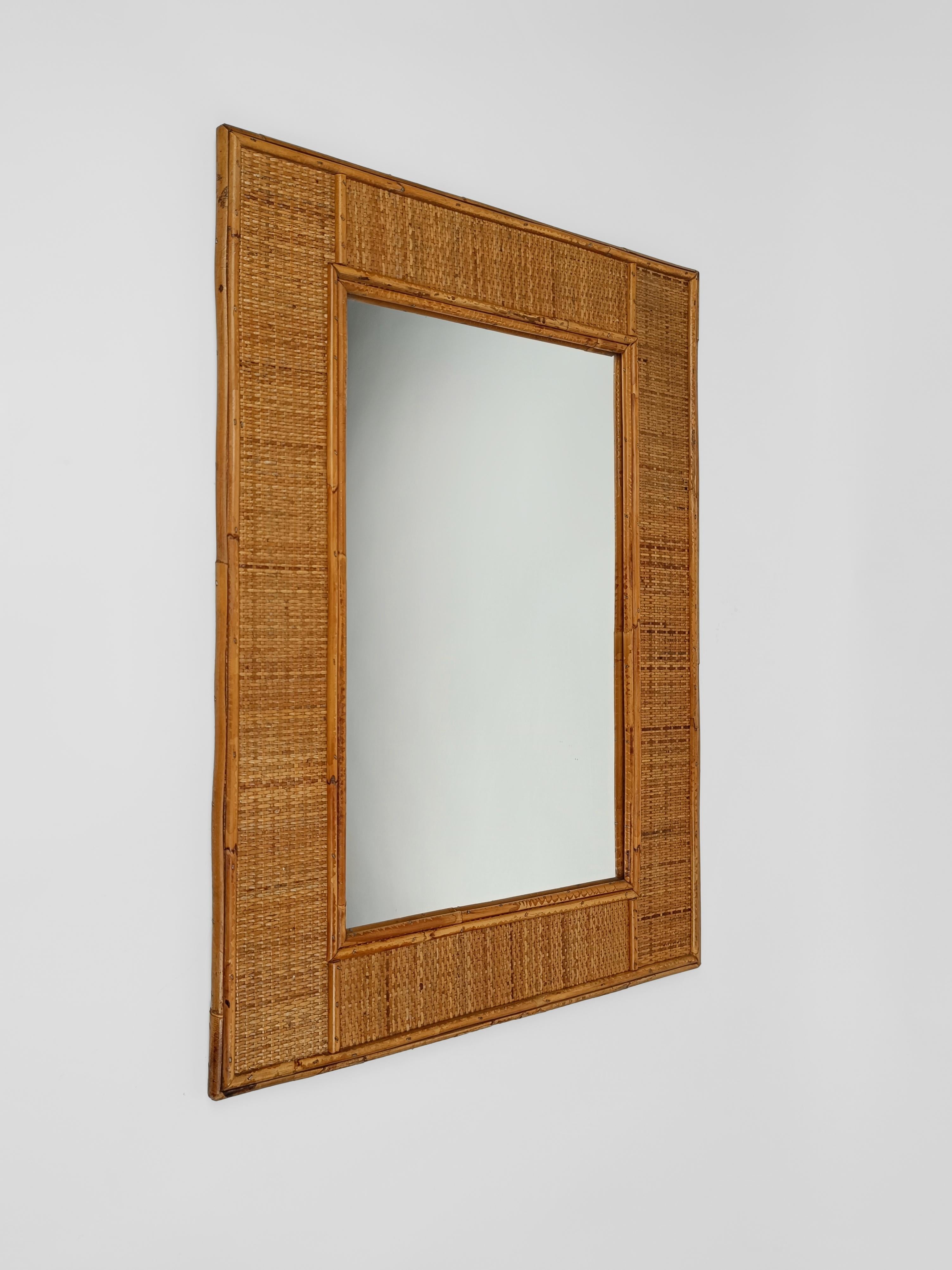 20th Century Mid-Century Bamboo and Woven Rectangular Wicker Mirror, Italy, 1970 For Sale
