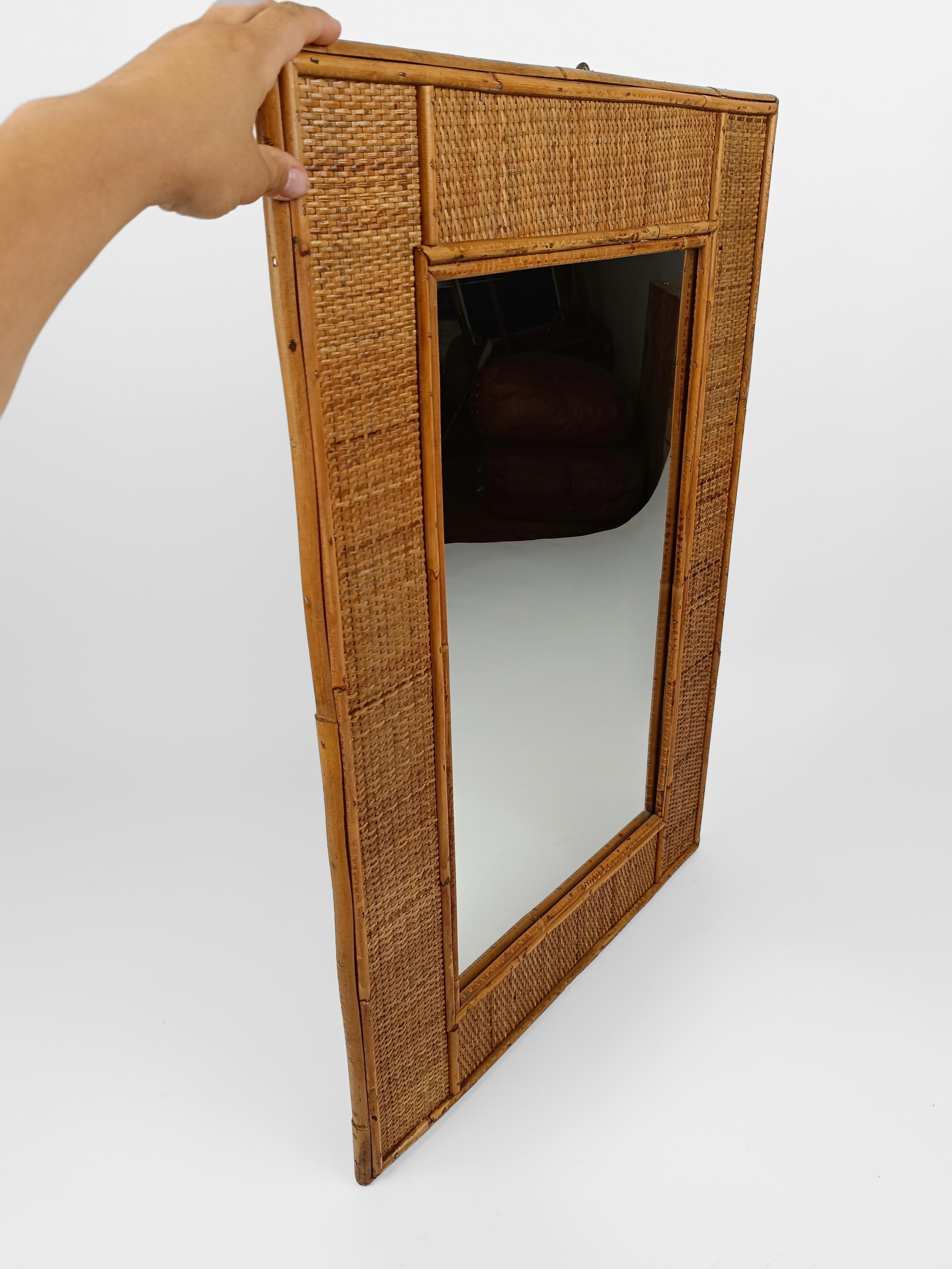 Italian Mid-Century Bamboo and Woven Rectangular Wicker Mirror, Italy, 1970 For Sale