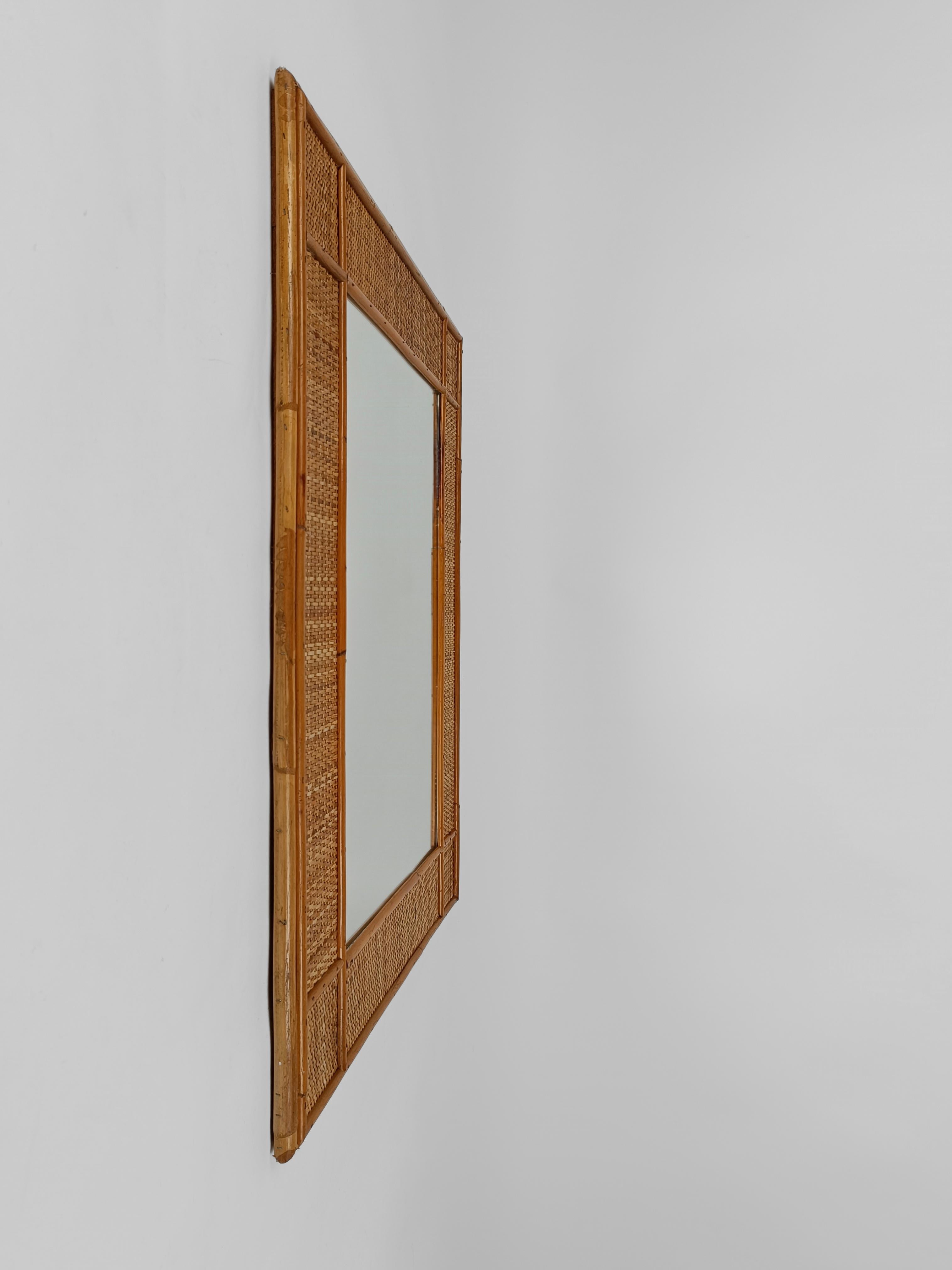 Mid-Century Bamboo and Woven Rectangular Wicker Mirror, Italy, 1970 For Sale 2
