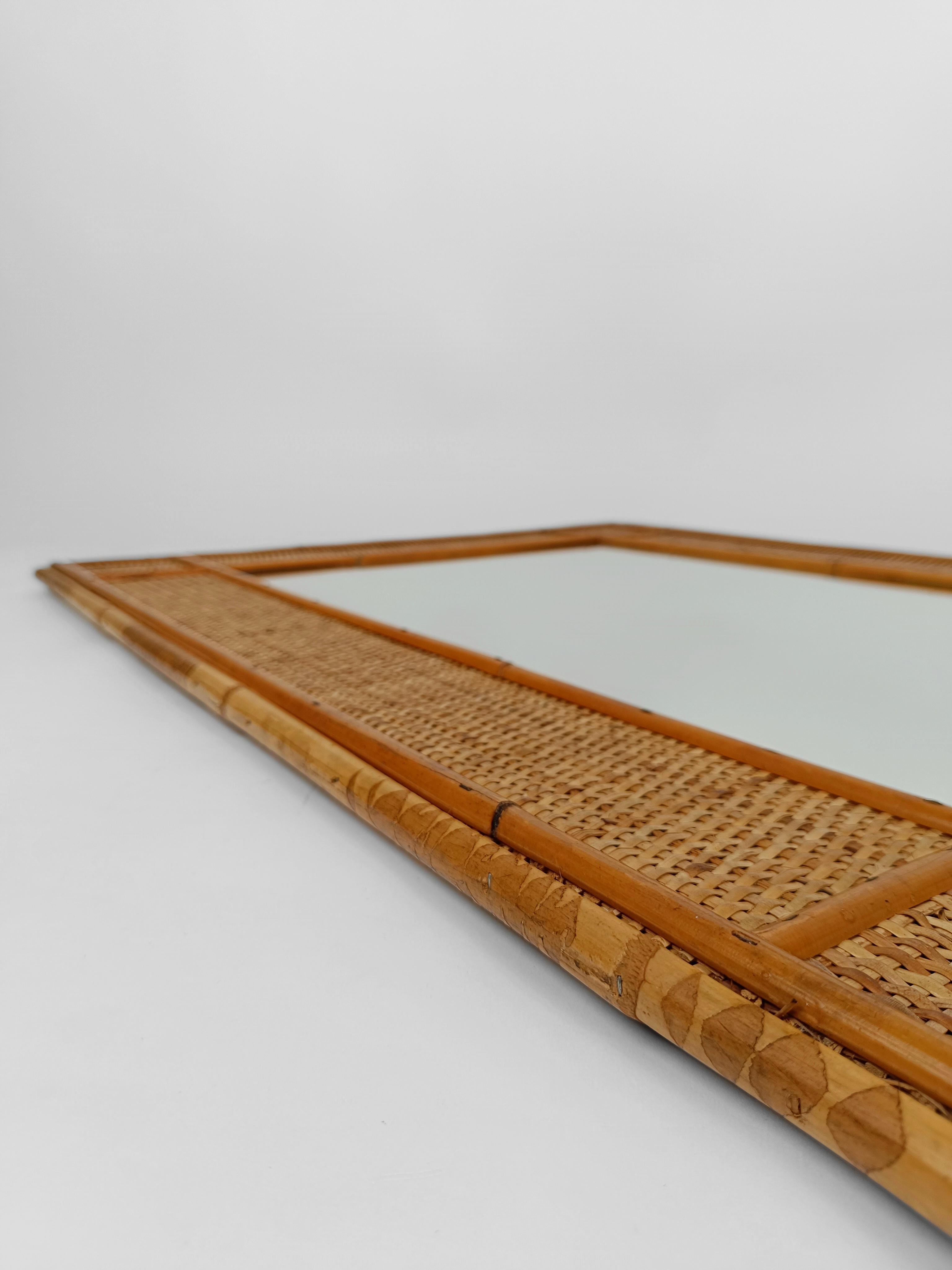 Mid-Century Bamboo and Woven Rectangular Wicker Mirror, Italy, 1970 For Sale 3