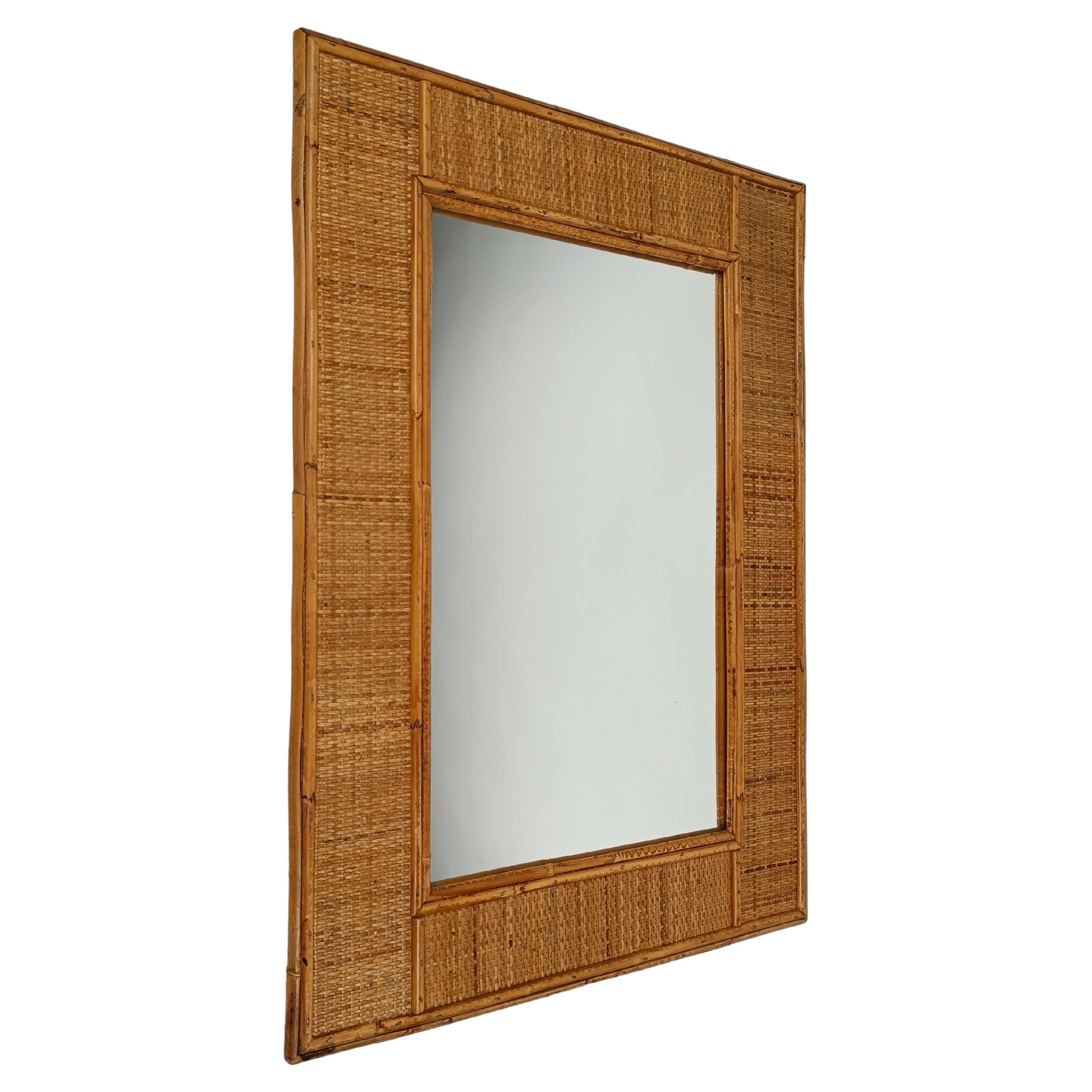 Mid-Century Bamboo and Woven Rectangular Wicker Mirror, Italy, 1970 For Sale
