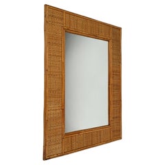 Vintage Mid-Century Bamboo and Woven Rectangular Wicker Mirror, Italy, 1970