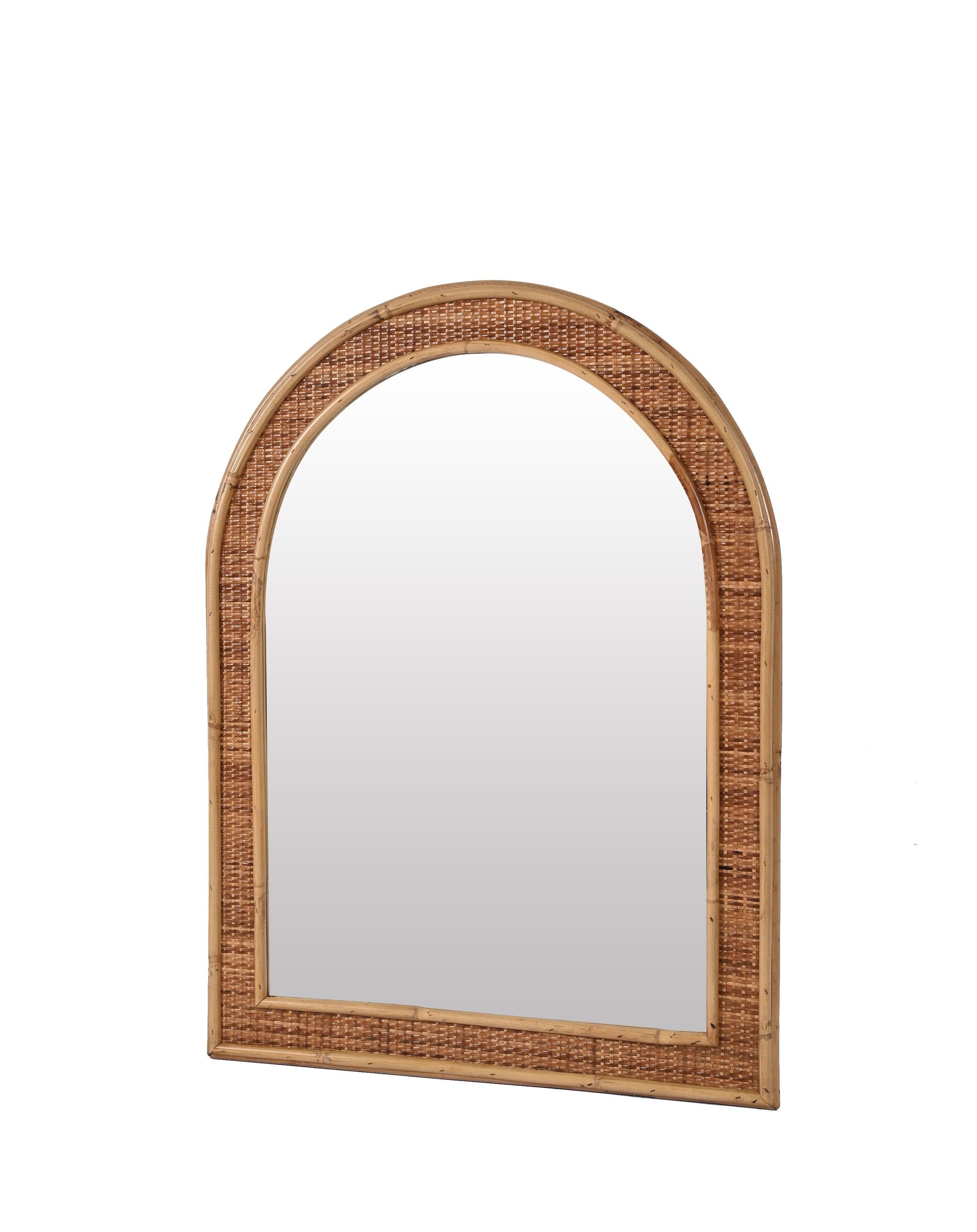 20th Century Mid-Century Bamboo and Woven Wicker Arch Mirror, Italy, 1970 For Sale
