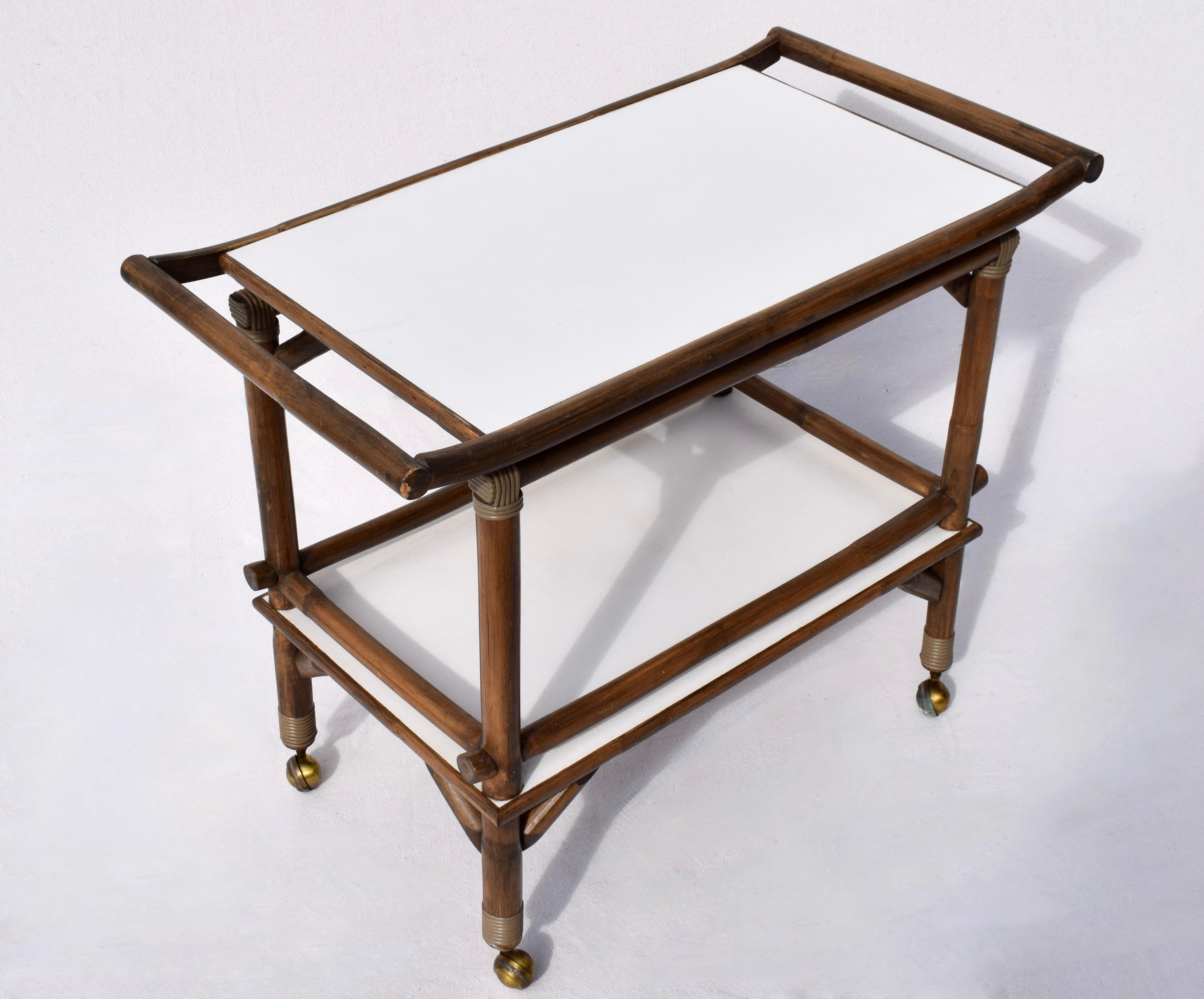Mid Century Bamboo Bar Cart in the Manner of John Wisner for Ficks Reed In Good Condition For Sale In Southampton, NJ