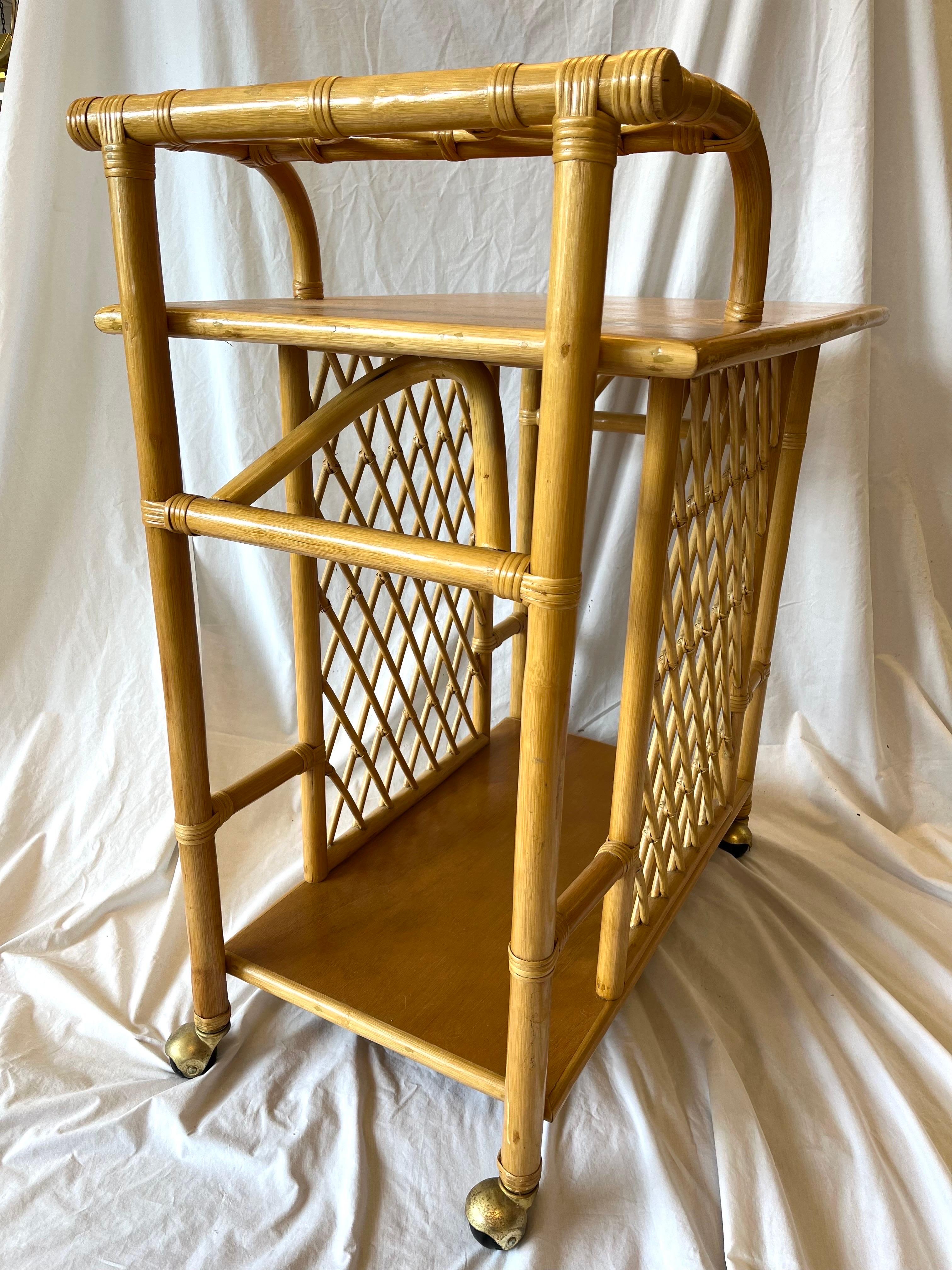 Mid Century Bamboo Bar Cart or Trolley with Trellis Design Three Bottle Handle 5