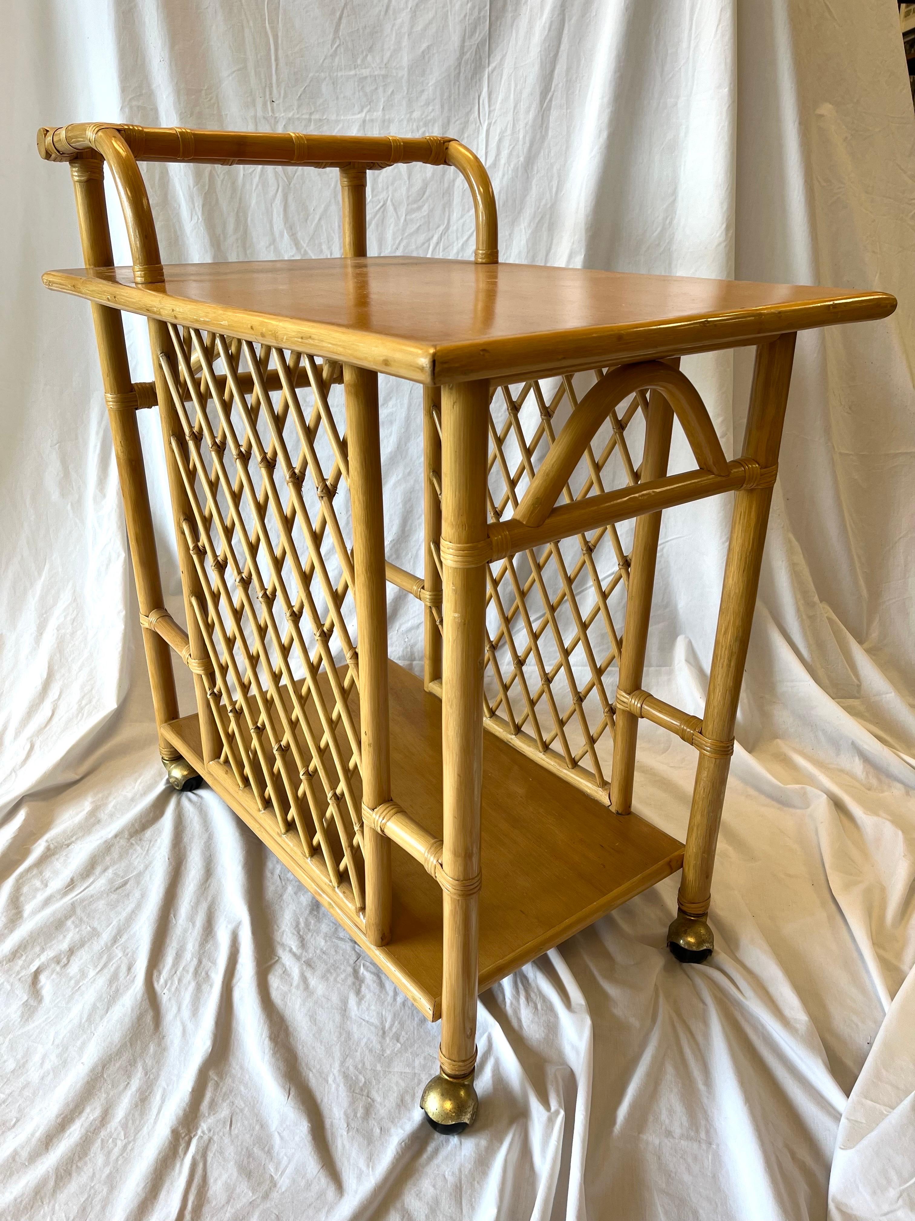 Mid Century Bamboo Bar Cart or Trolley with Trellis Design Three Bottle Handle 8