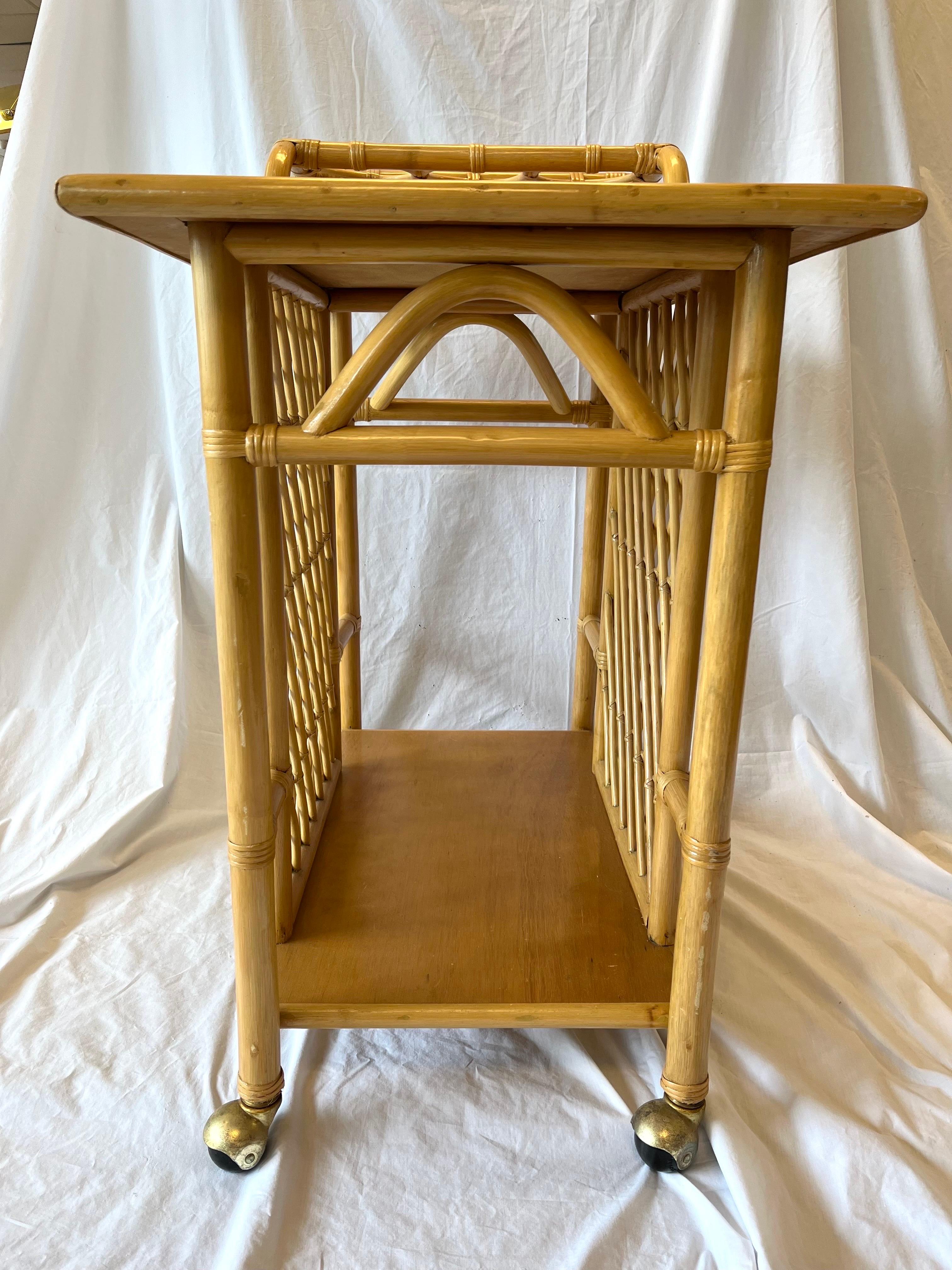 Mid Century Bamboo Bar Cart or Trolley with Trellis Design Three Bottle Handle 9