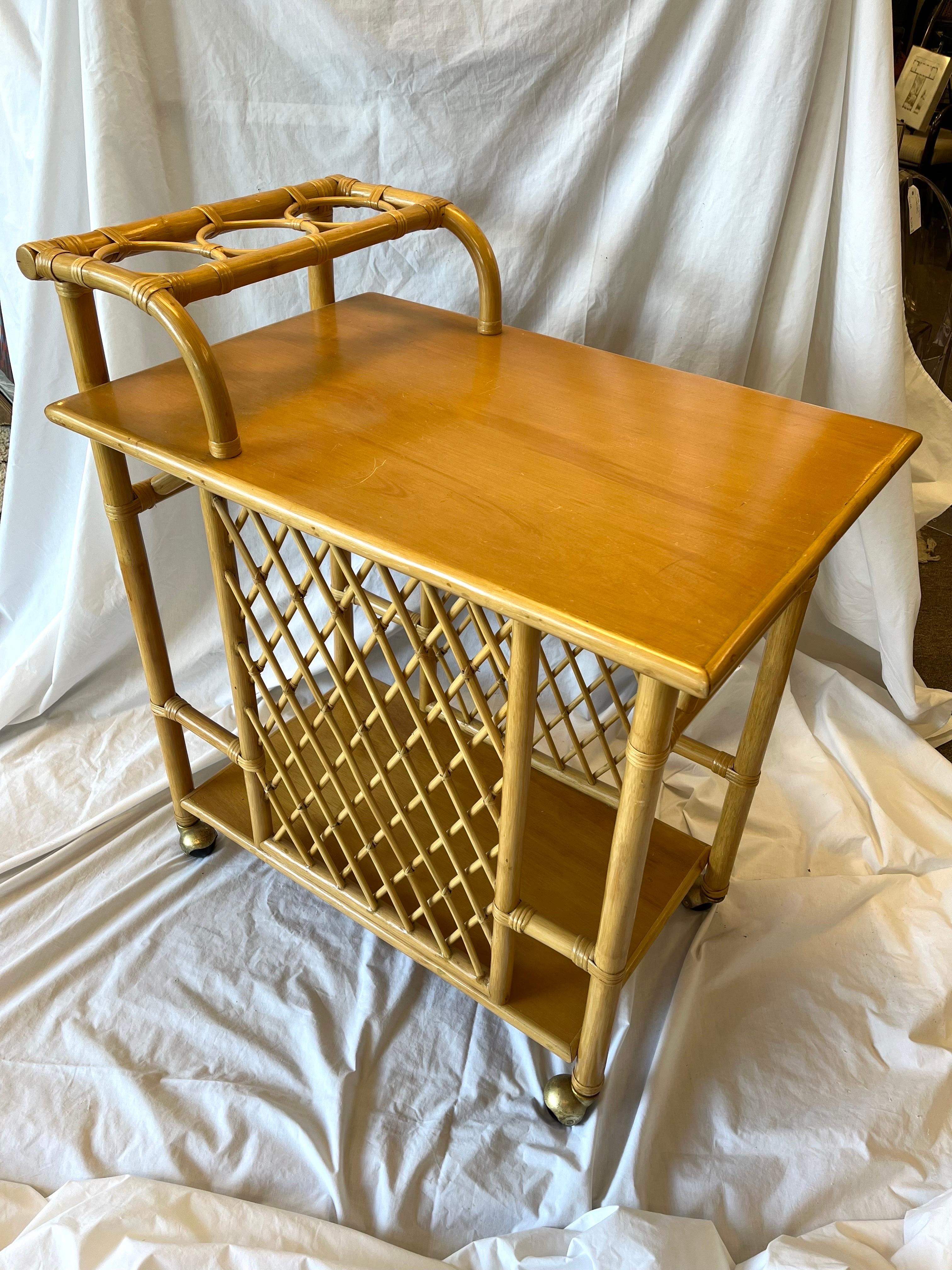 Mid Century Bamboo Bar Cart or Trolley with Trellis Design Three Bottle Handle 11