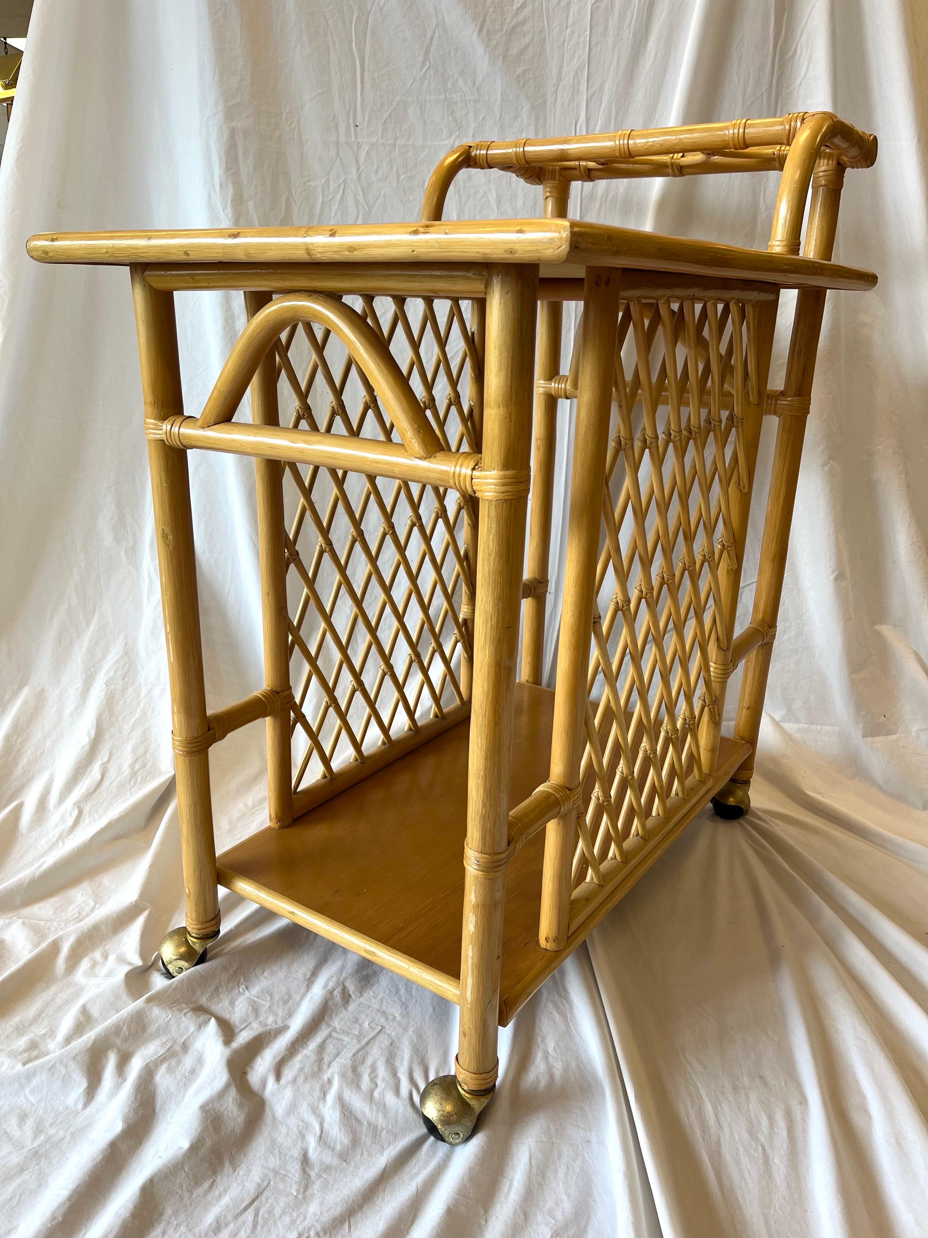 Mid-Century Modern Mid Century Bamboo Bar Cart or Trolley with Trellis Design Three Bottle Handle