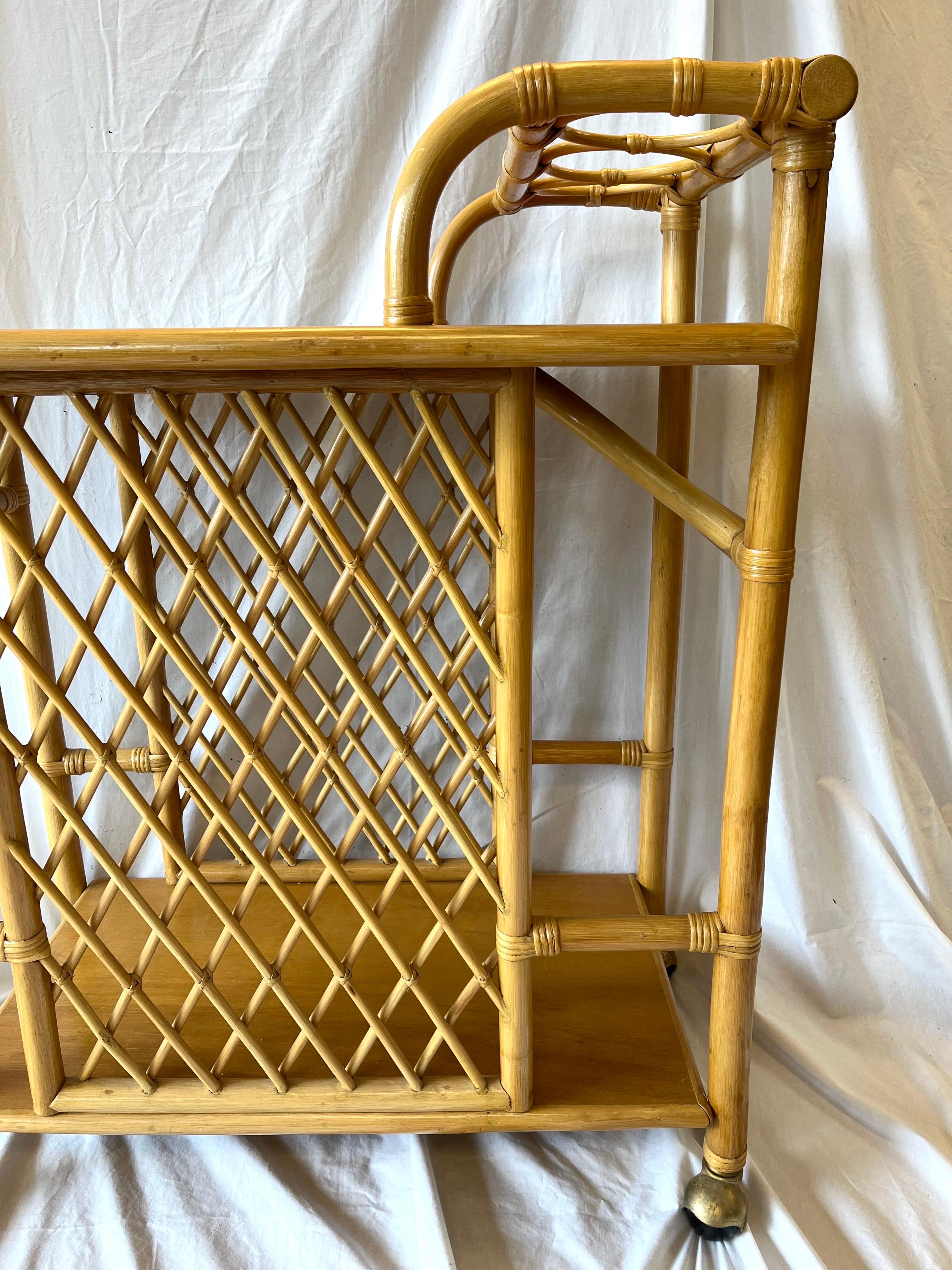 American Mid Century Bamboo Bar Cart or Trolley with Trellis Design Three Bottle Handle