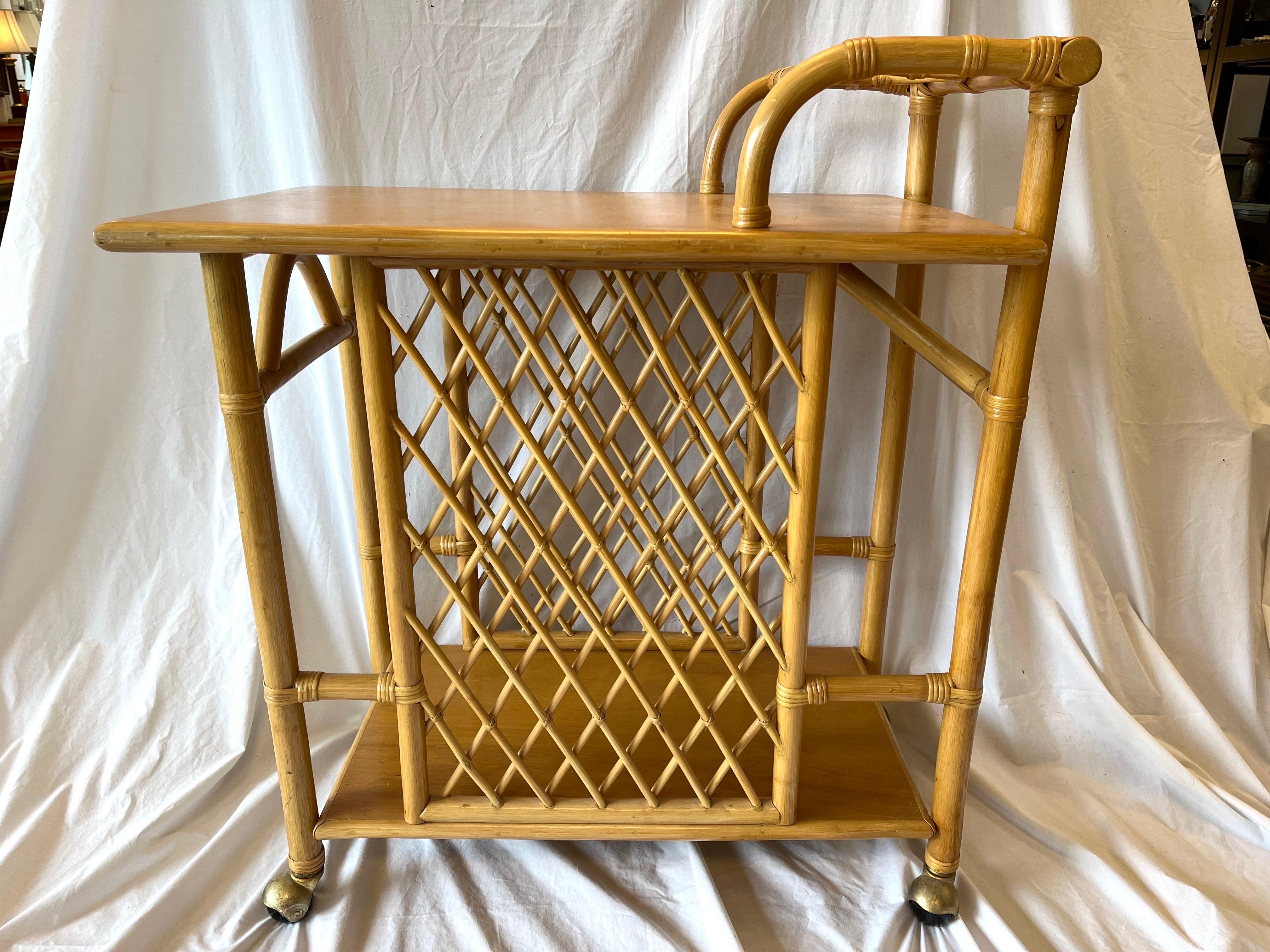 Mid Century Bamboo Bar Cart or Trolley with Trellis Design Three Bottle Handle 2